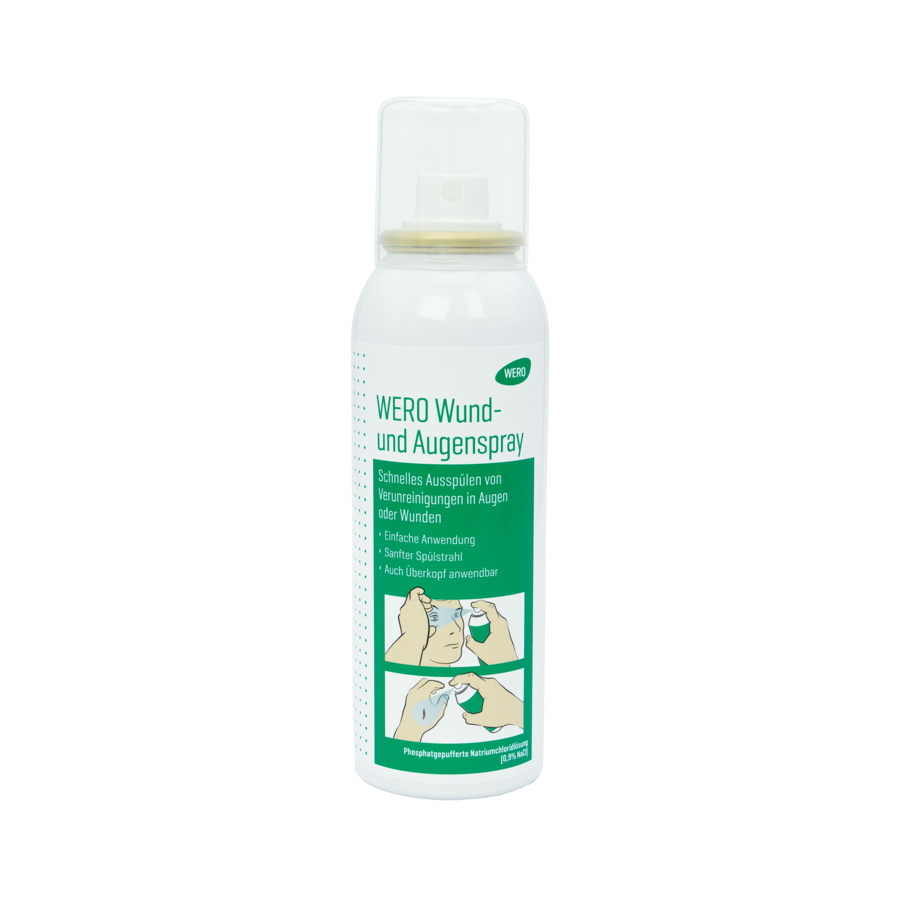 Weiße Sprühflasche WERO Wund- und Augenspray, 100 ml, mit grün-weißer Beschriftung, für schnelle, einfache und mehrfache Anwendung bei Wunden und am Auge.