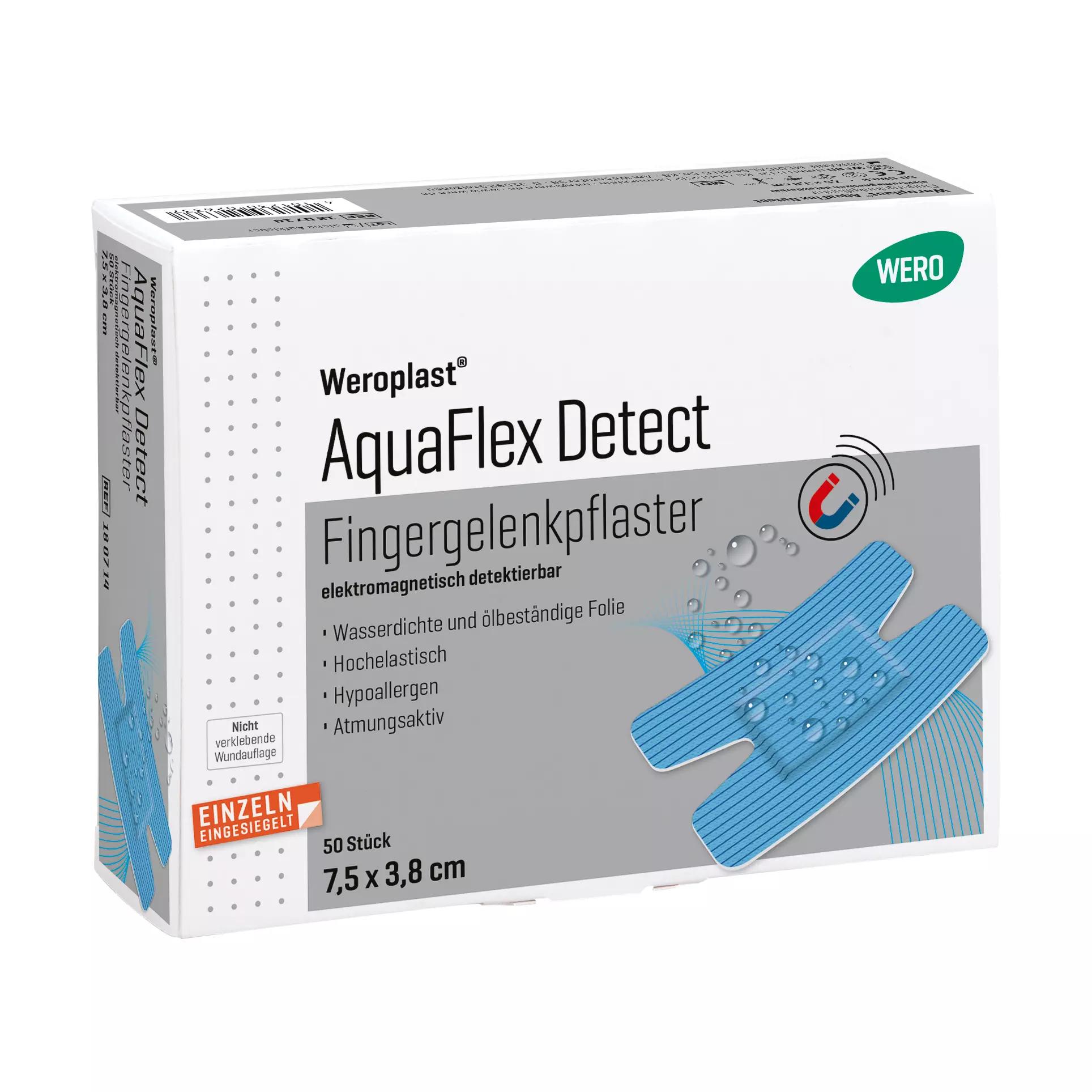 Fingergelenkpflaster Weroplast® AquaFlex Detect Box mit blauem, wasserdichtem, detektierbarem Pflaster, hypoallergen und atmungsaktiv.