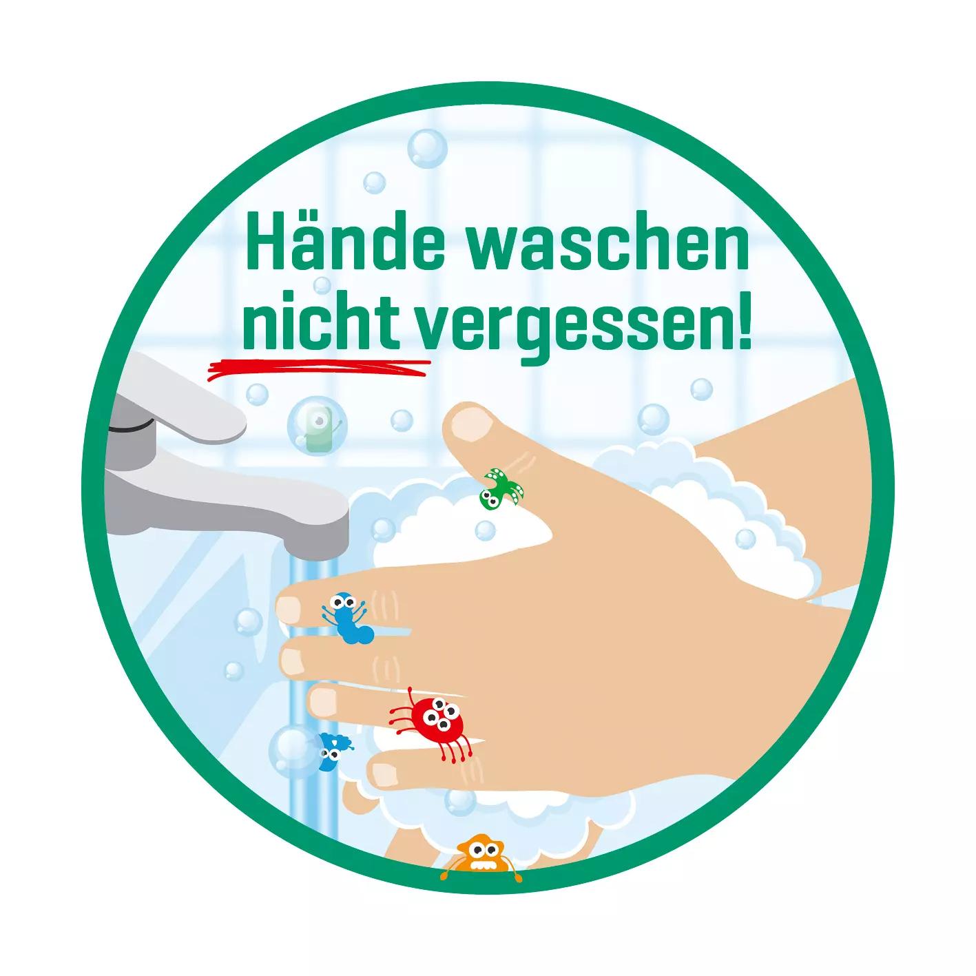 Auf dem Aufkleber: Hände waschen nicht vergessen! - 10 cm sind gezeichnete Kinderhände mit Cartoon-Figuren beim Händewaschen unter einem Wasserhahn zu sehen.