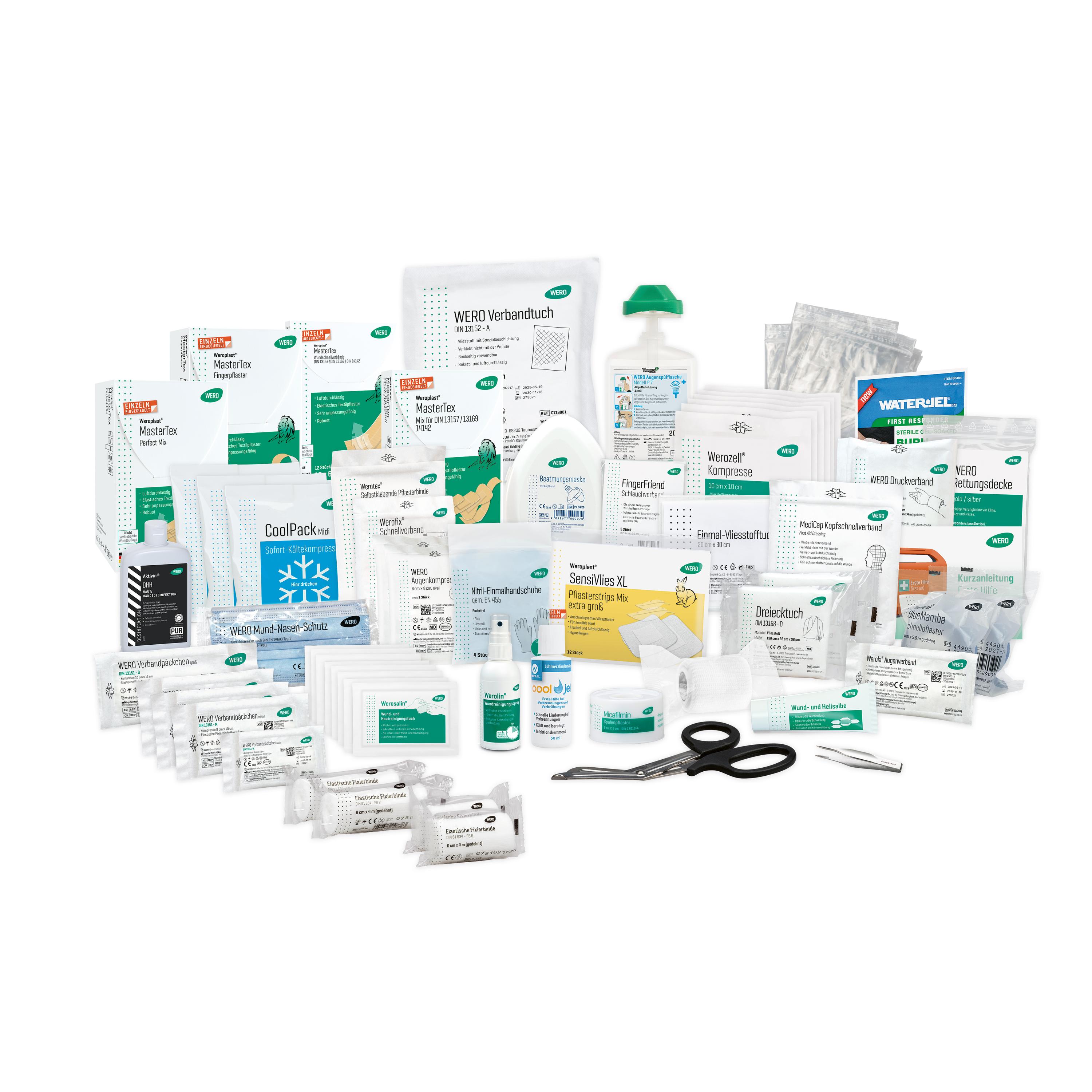 WERO Verbandschrank MaxiDeep 6 / 073 mit WERO Füllung DIN 13157, übersichtlich bestückt mit Verbandsmaterial, Medikamenten und Erste-Hilfe-Zubehör.