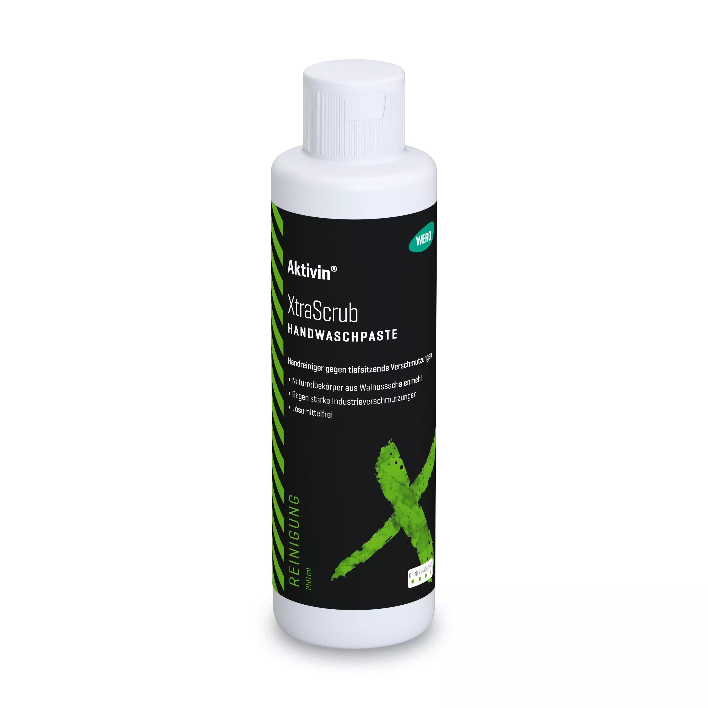 Weiß-grüne Flasche Hautreinigung Aktivin® XtraScrub - Flasche, 250 ml mit schwarzem Etikett und Flip-Top, starker Handreiniger mit Walnussschalenmehl.