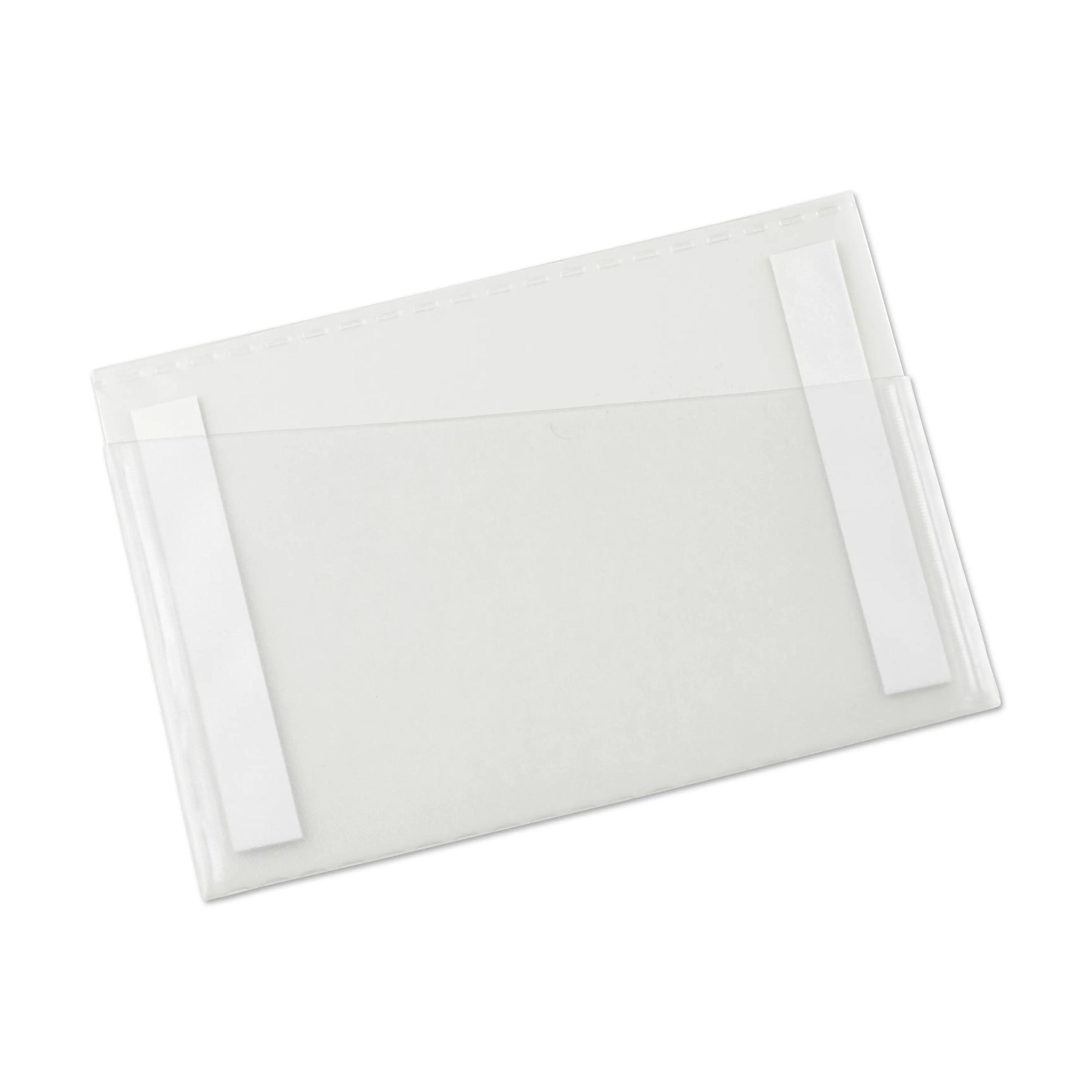 Eine transparente Folientasche für WERO Haftnotizblock liegt flach mit leicht geöffnetem Rand und zwei sichtbaren weißen Klebestreifen.