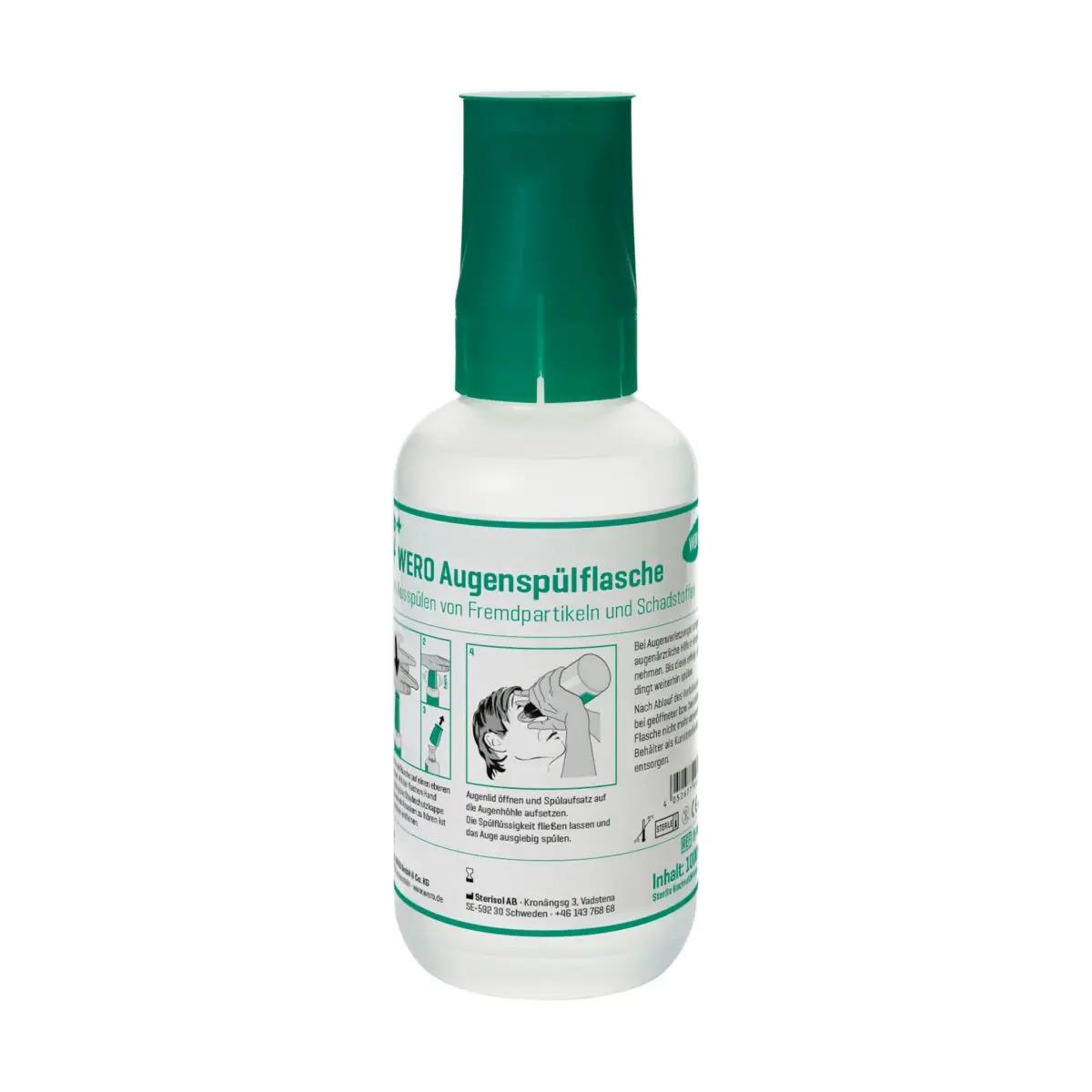 Weiße 1000 ml WERO Augenspülflasche Modell A6 mit grünem Deckel, deutscher Beschriftung und Anleitung zur Augenspülung auf dem Etikett.
