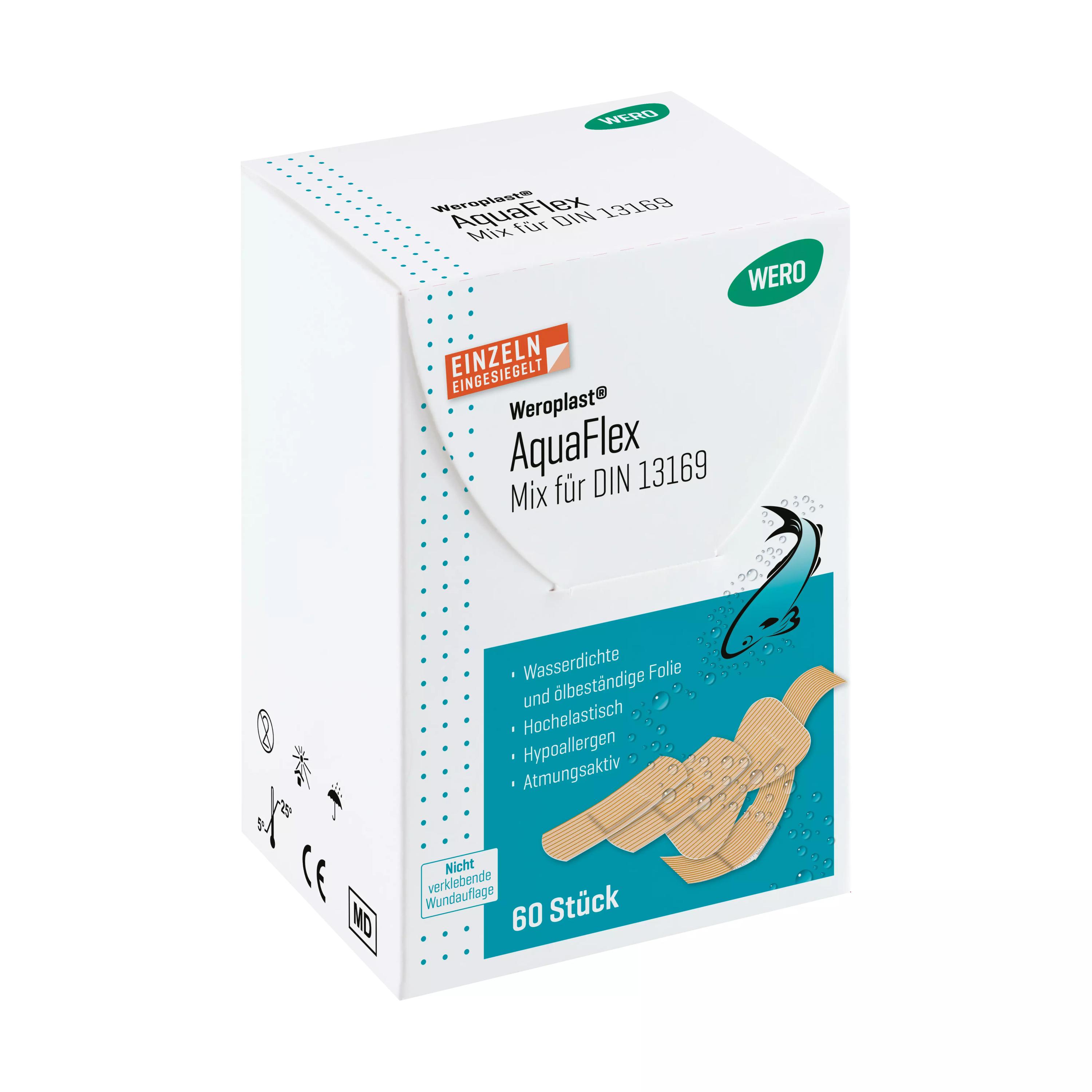 Eine stehende Verpackung Weroplast® AquaFlex Pflaster - Mix DIN 13169 mit blauer Aufschrift für wasserdichte, flexible und hautschonende Pflaster.