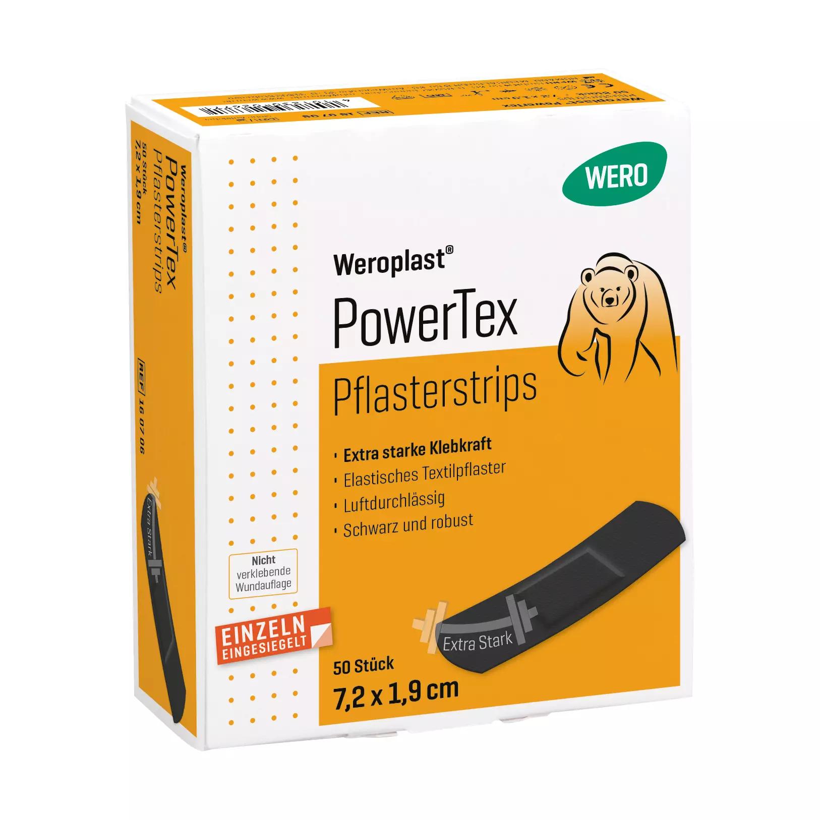 Eine Packung Pflasterstrips Weroplast® PowerTex mit extra starker Klebkraft, elastischem, schwarzem Textilgewebe und luftdurchlässiger Struktur.
