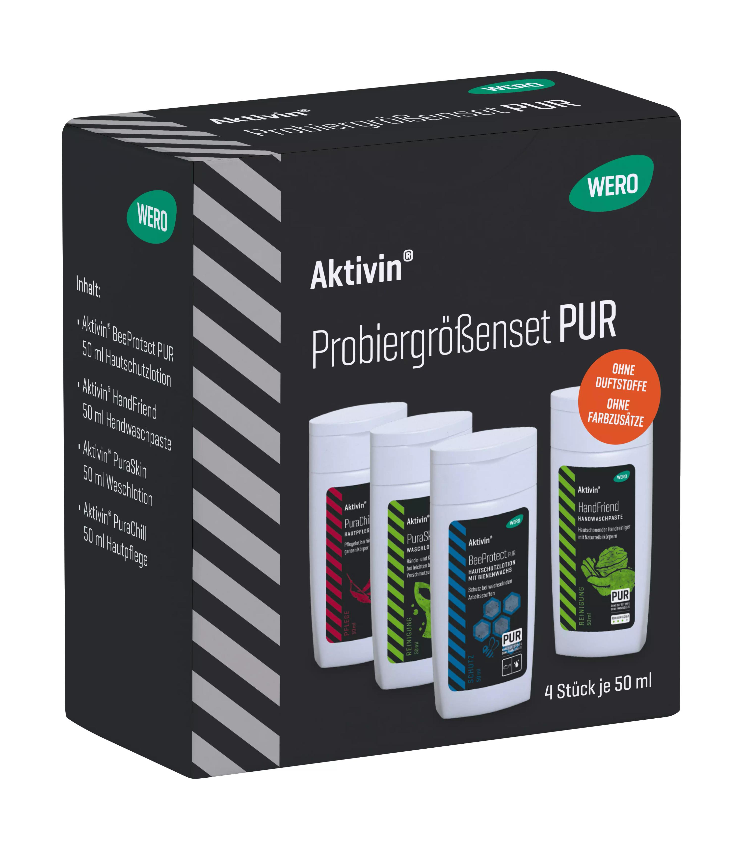 Probiergroßeset PUR von WERO mit vier 50-ml-Flaschen Handdesinfektion und Seife, unterschiedlich farblich etikettiert.