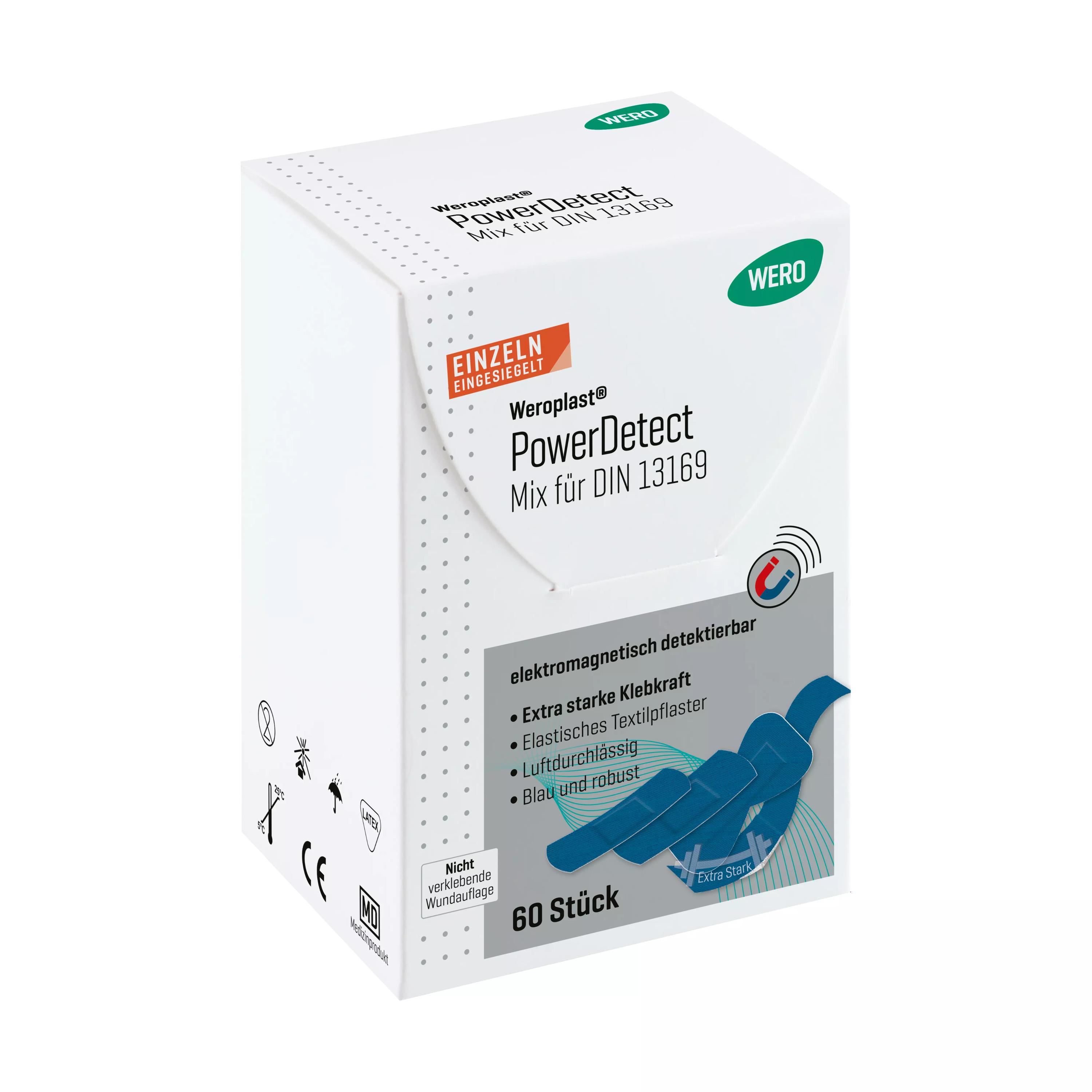 Weiße Verpackung des Pflasterset Weroplast® PowerDetect - Mix DIN 13169 mit blauen und roten Akzenten, sichtbarem Logo und Beschriftung zur detektierbaren, extra starken Pflastermischung.
