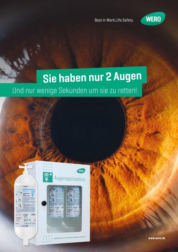 Augenspulsation-Set von WERO mit zwei Fläschchen und auffälligem Produktkarton, neben einem orange-schwarzen Auge abgebildet.
