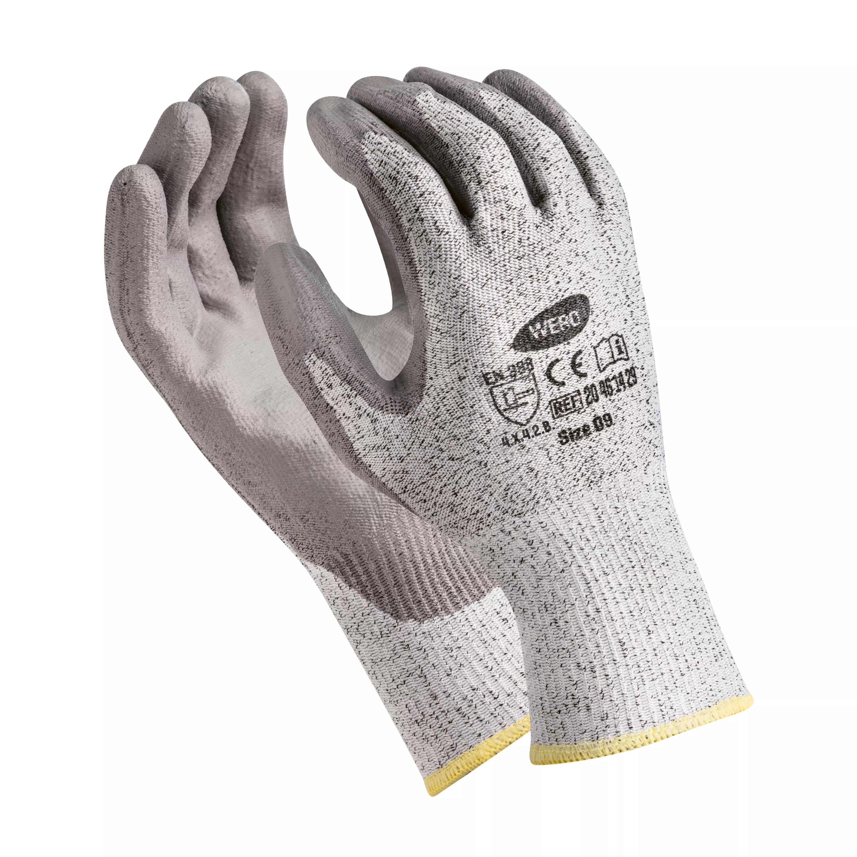 Grauer Schnittschutzhandschuh WERO Diamant - CUT B - Grau, 8 mit gelbem Bündchen, HPPE-Faser, verstärkter Innenfläche und sichtbarem Webo Logo auf dem Handrücken.