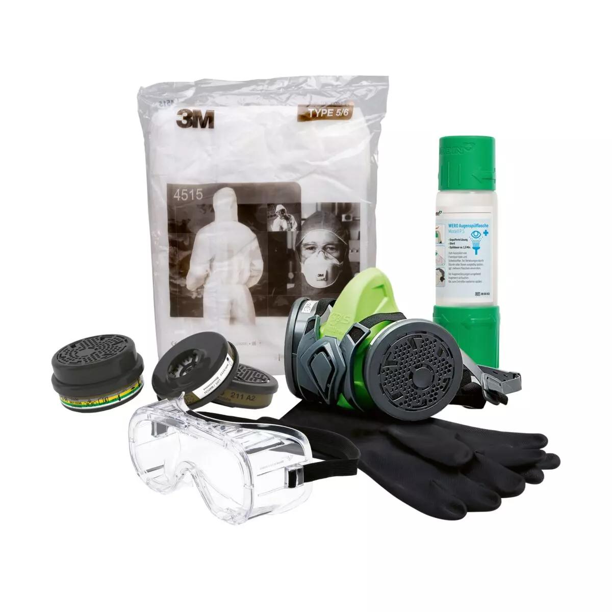 Gefahrgutkoffer mit Halbmaske, bestehend aus Atemschutz-Halbmaske, Mehrbereichs-Kombi-Filter, schwarzen Chemikalienschutzhandschuhen und Schutzbrille.