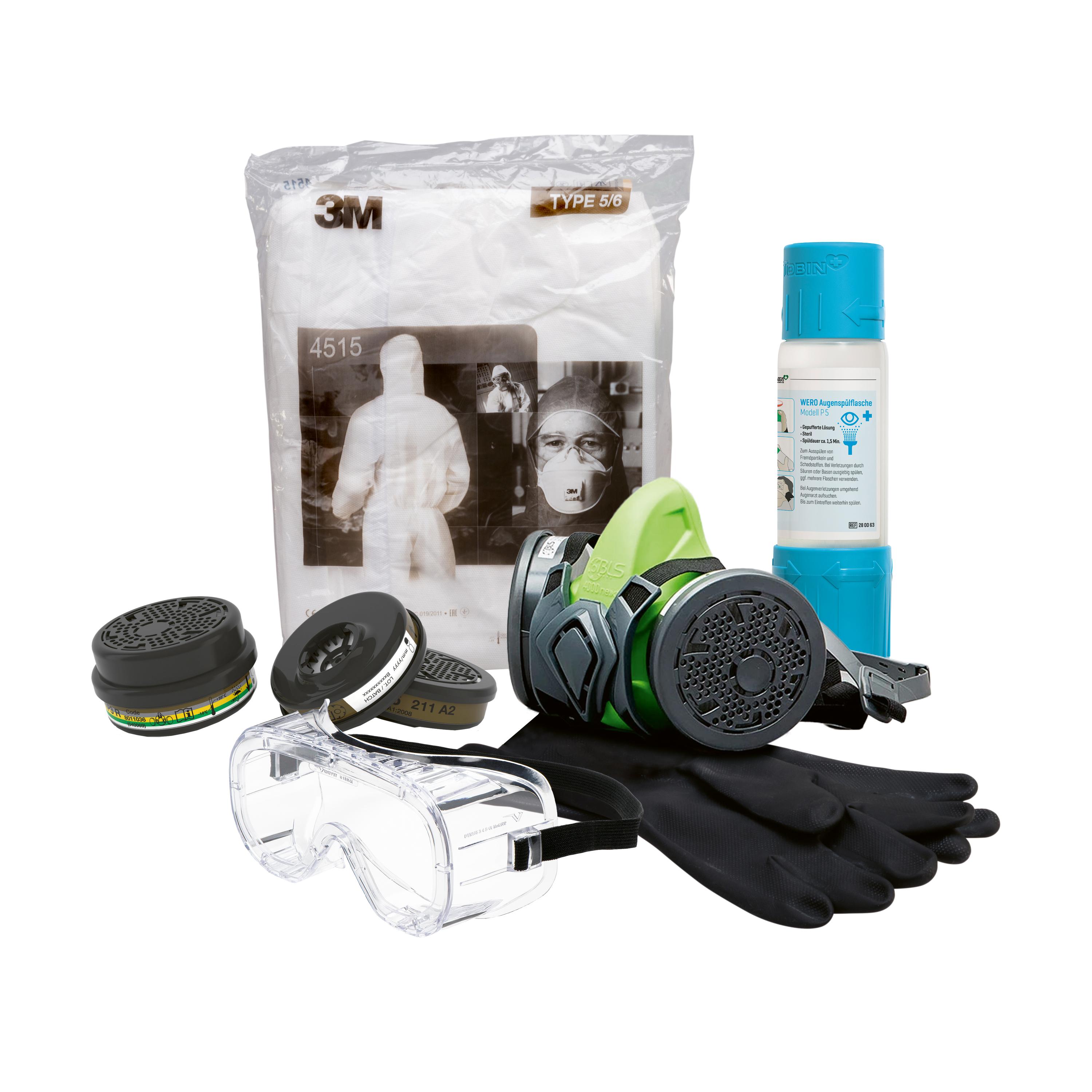 Gefahrgutkoffer mit Halbmaske, bestehend aus Atemschutz-Halbmaske, Mehrbereichs-Kombi-Filter, schwarzen Chemikalienschutzhandschuhen und Schutzbrille.