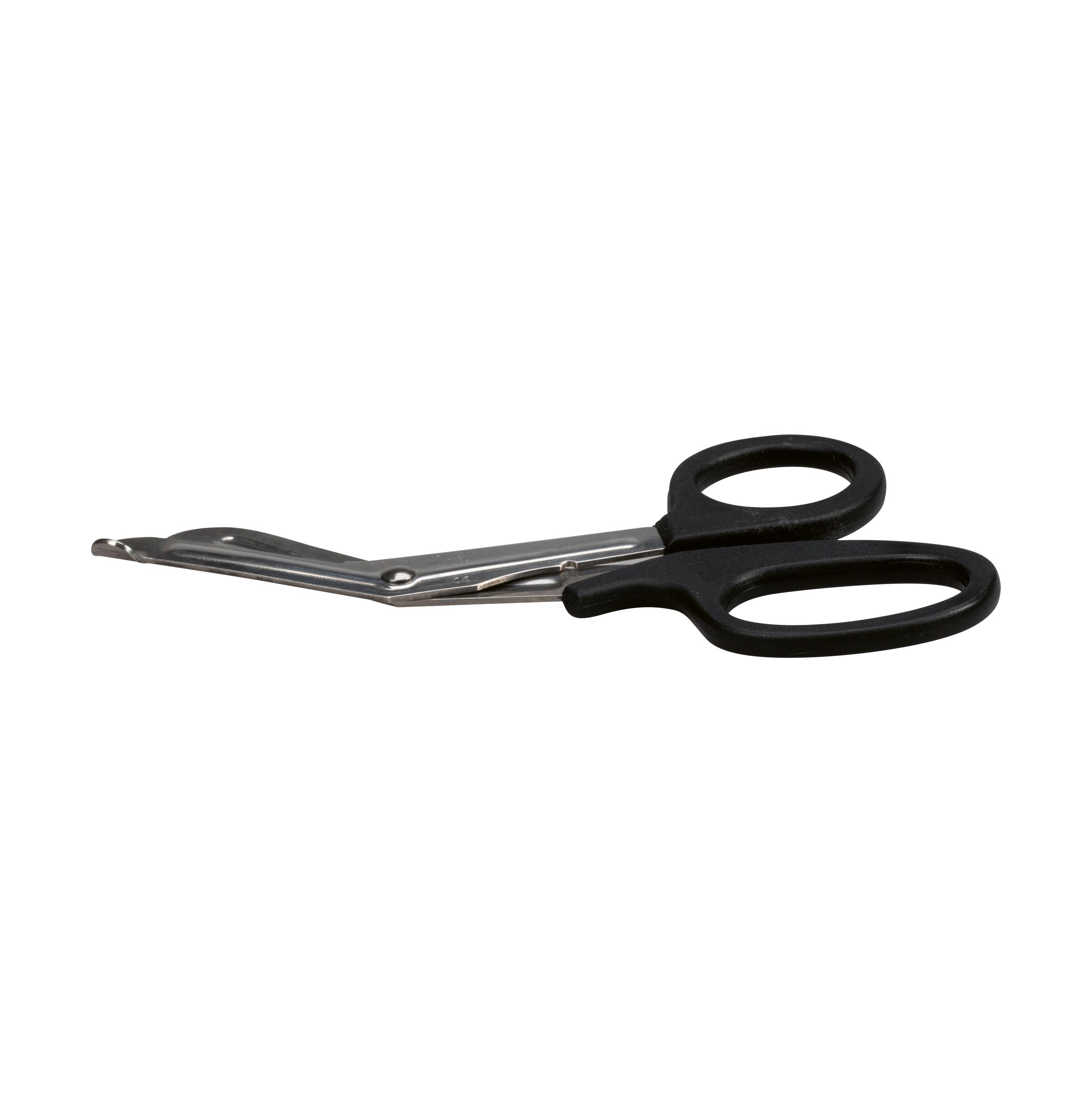 Universalschere DIN 58279 - 19 cm, geöffnet, mit schwarzen ergonomischen Griffen und leicht glänzenden, langen Edelstahlklingen.
