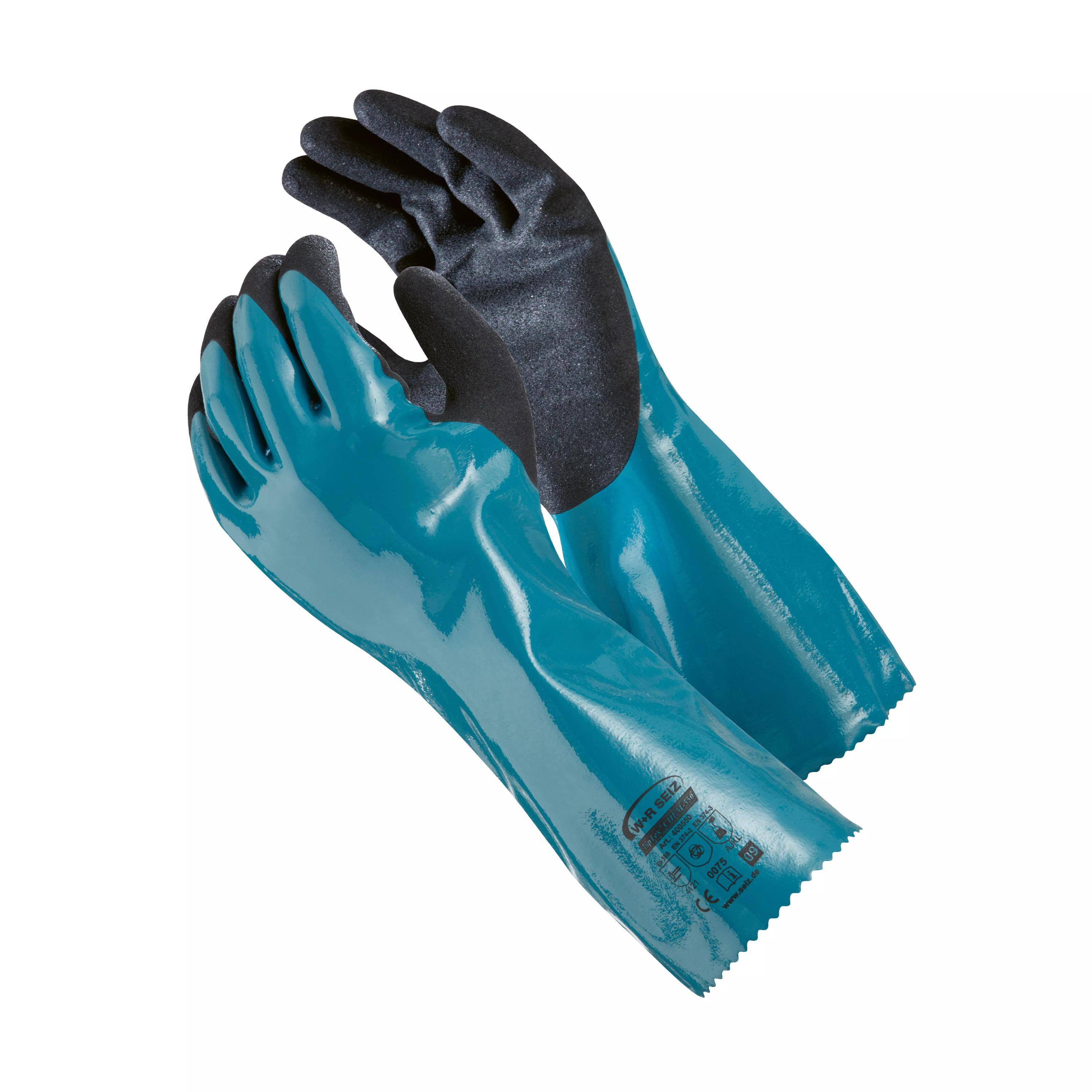 Zwei Chemikalienschutzhandschuhe Diptex Chem 550 in Grün mit schwarzen Handflächen, dreifacher Beschichtung und sehr gutem Tast- und Feingefühl.