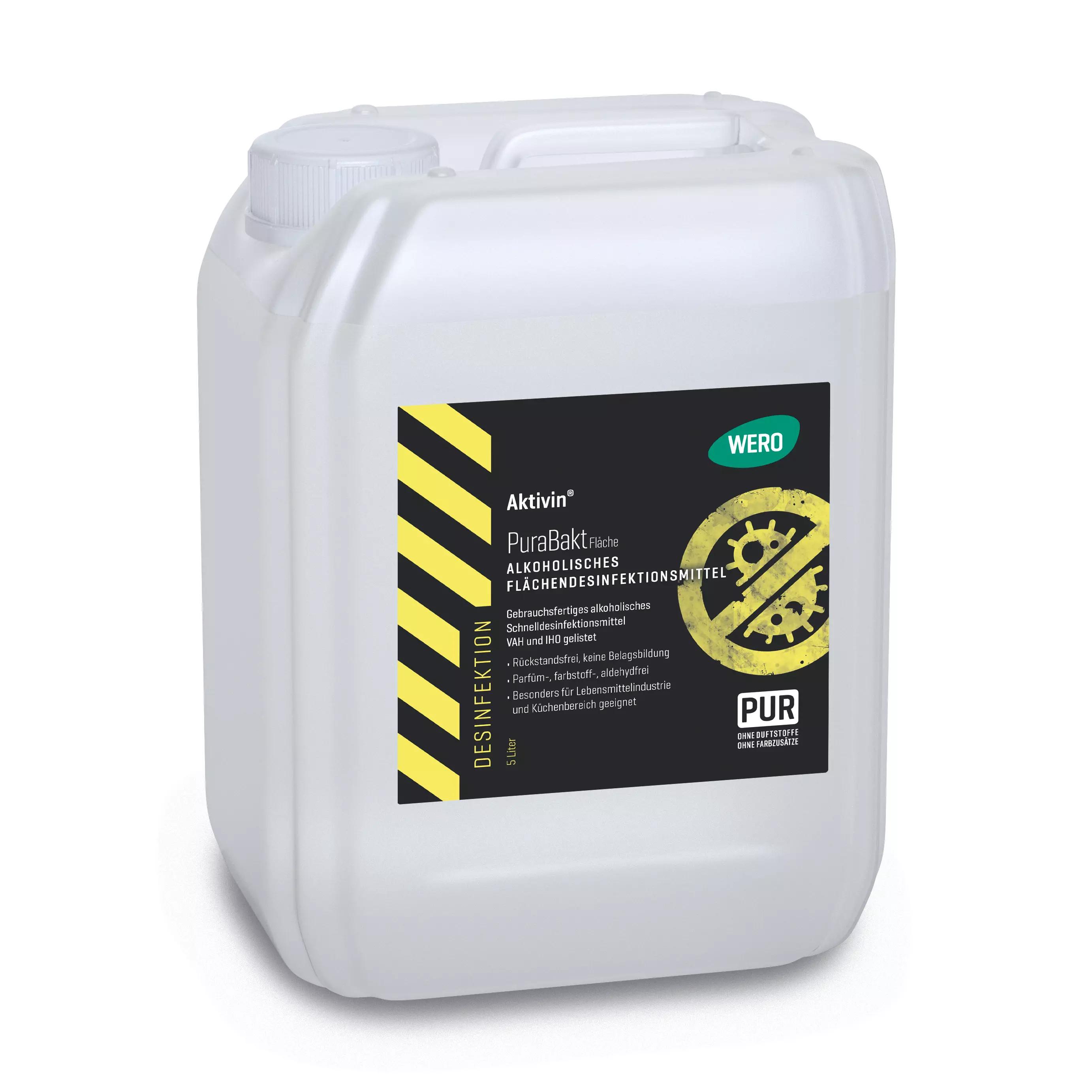 Weißer 5-Liter-Kanister Flächendesinfektion Aktivin® PuraBakt mit schwarzer und gelber Warnetikettierung sowie gut sichtbarem Tragegriff und Schraubverschluss.