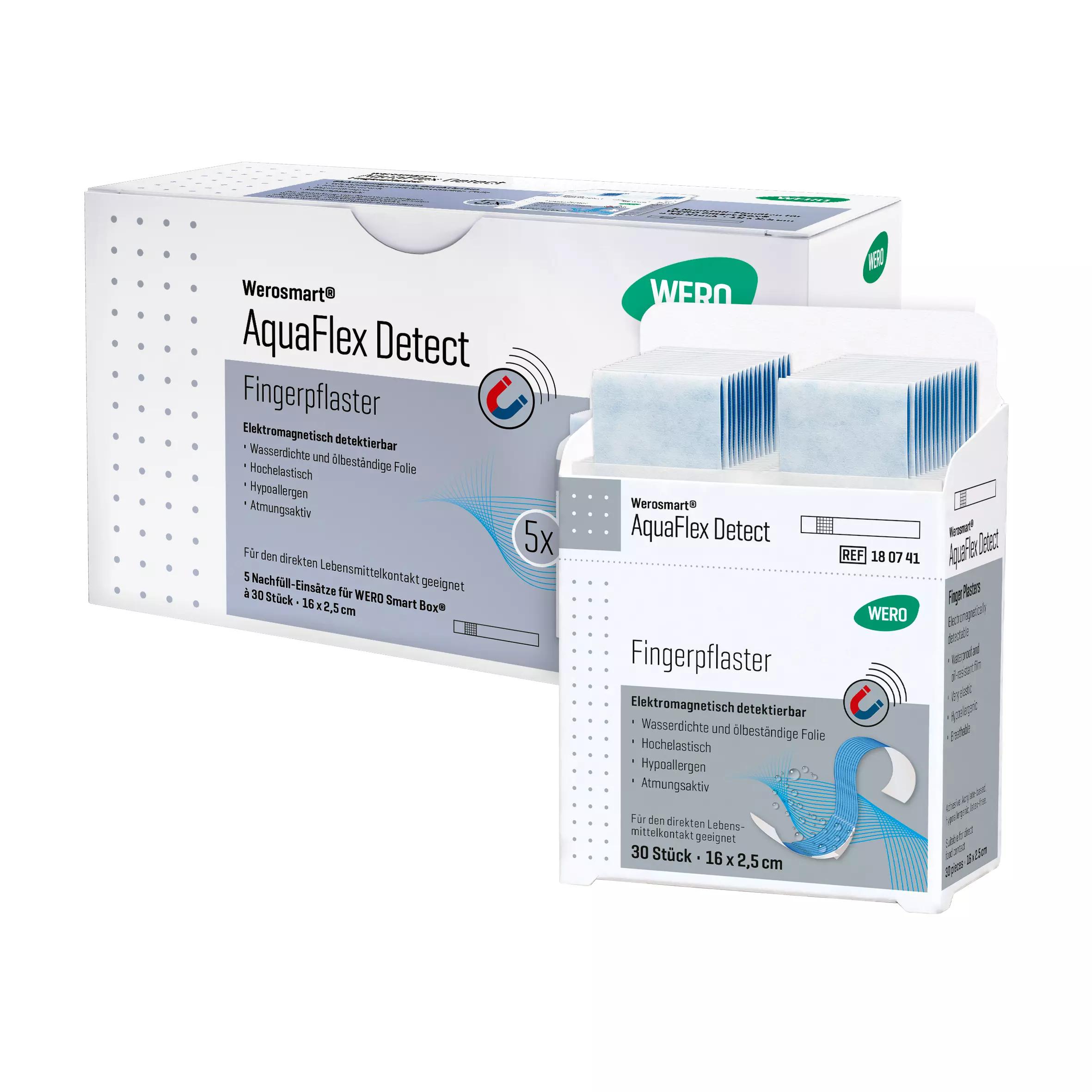 Zwei Verpackungen Werosmart® AquaFlex Detect Fingerpflaster mit wasserabweisender, ölbeständiger, elektronisch detektierbarer Folie.