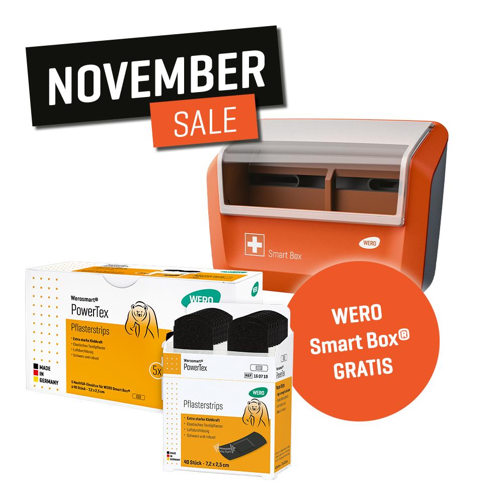 WERO Smart Box® Erste-Hilfe-Set mit transparentem Sichtfenster, Gratis-Aufkleber, Pflasterbox und rotem November-Sale-Banner
