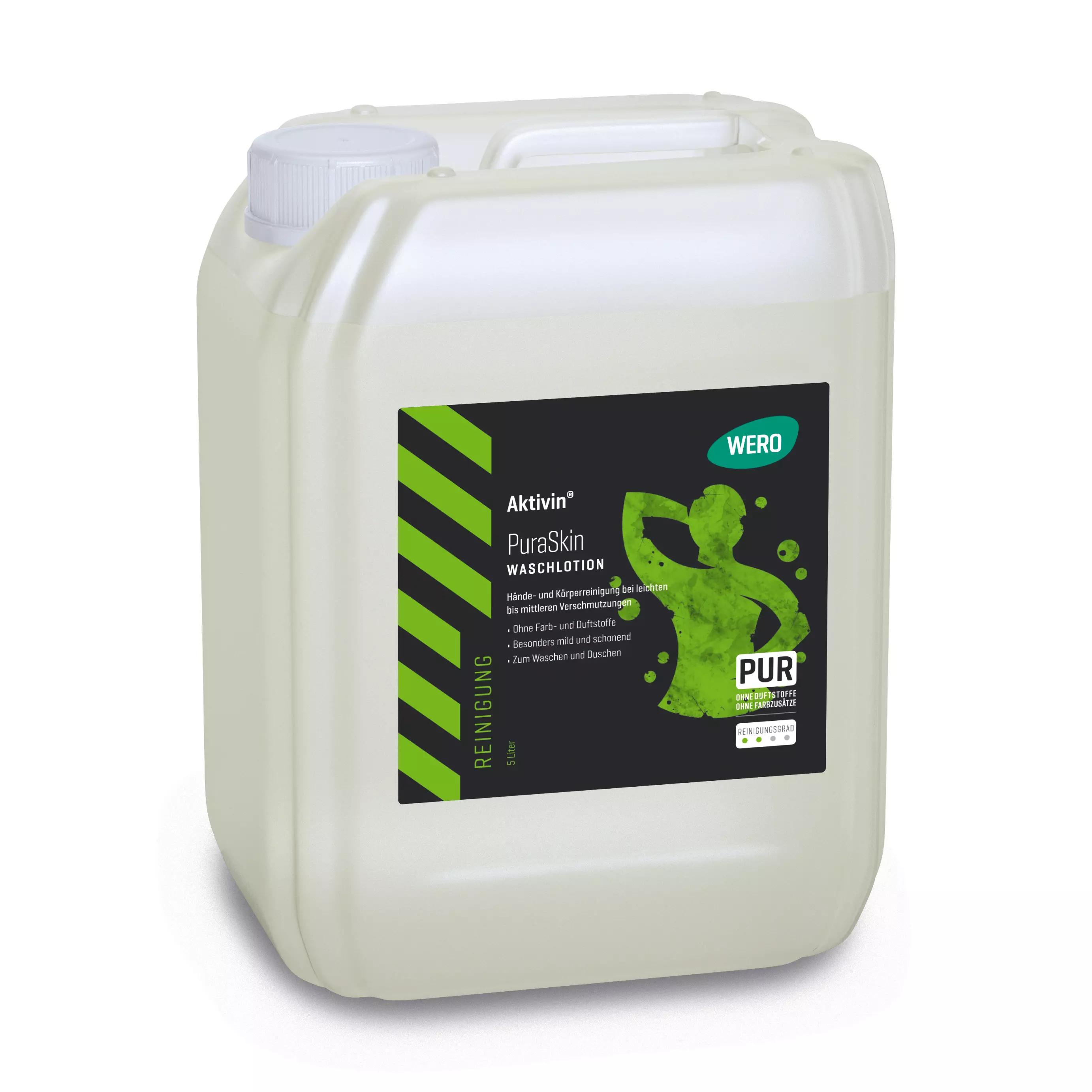 Ein weißer 5-Liter-Kanister Waschlotion Aktivin® PuraSkin mit schwarzem Etikett, parfüm- und farbstofffrei, für Hände und Körper.