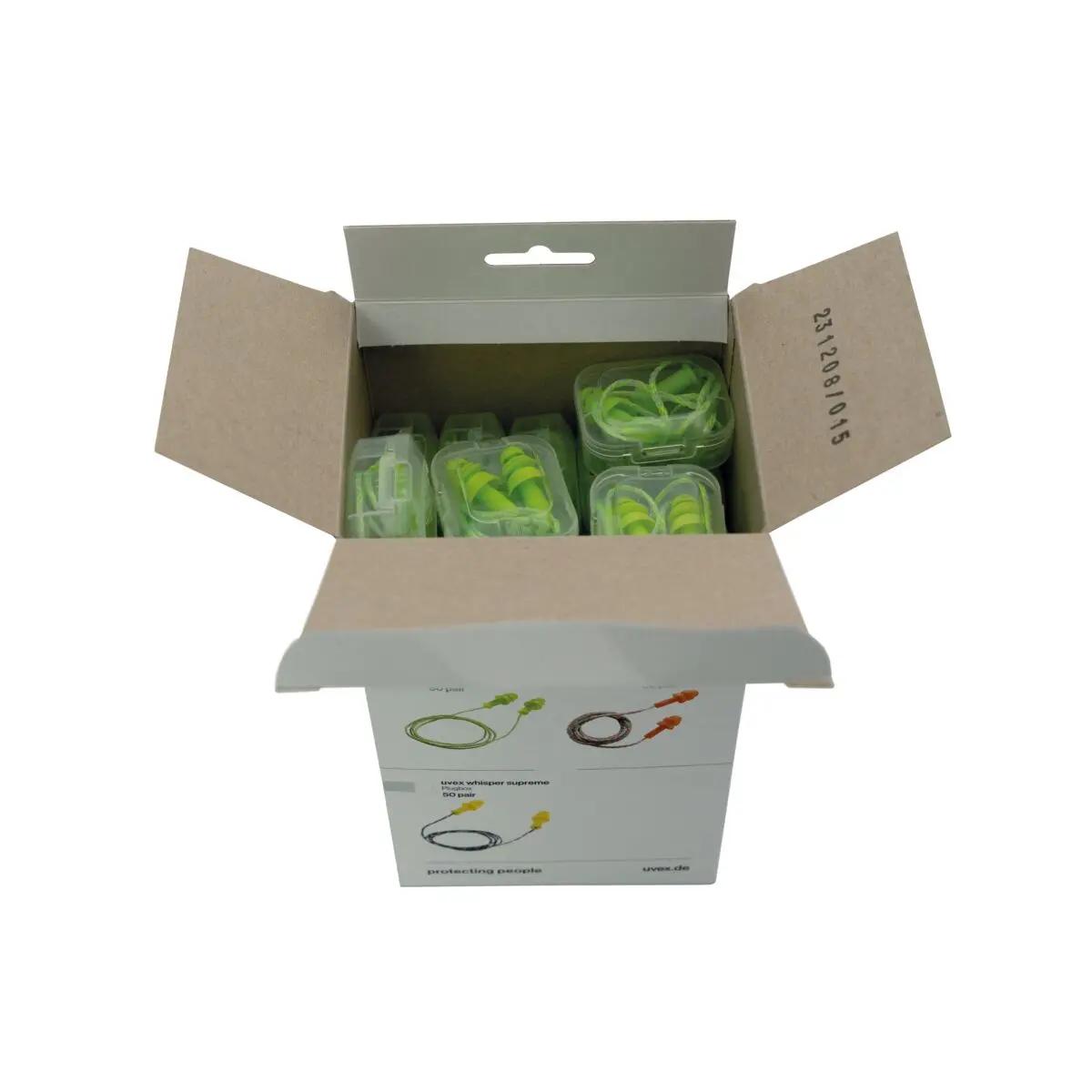 Eine geöffnete Box uvex whisper+ Gehörschutzstöpsel mit Kordel zeigt mehrere grüne, einzeln verpackte, mehrfach verwendbare Ohrstöpsel.