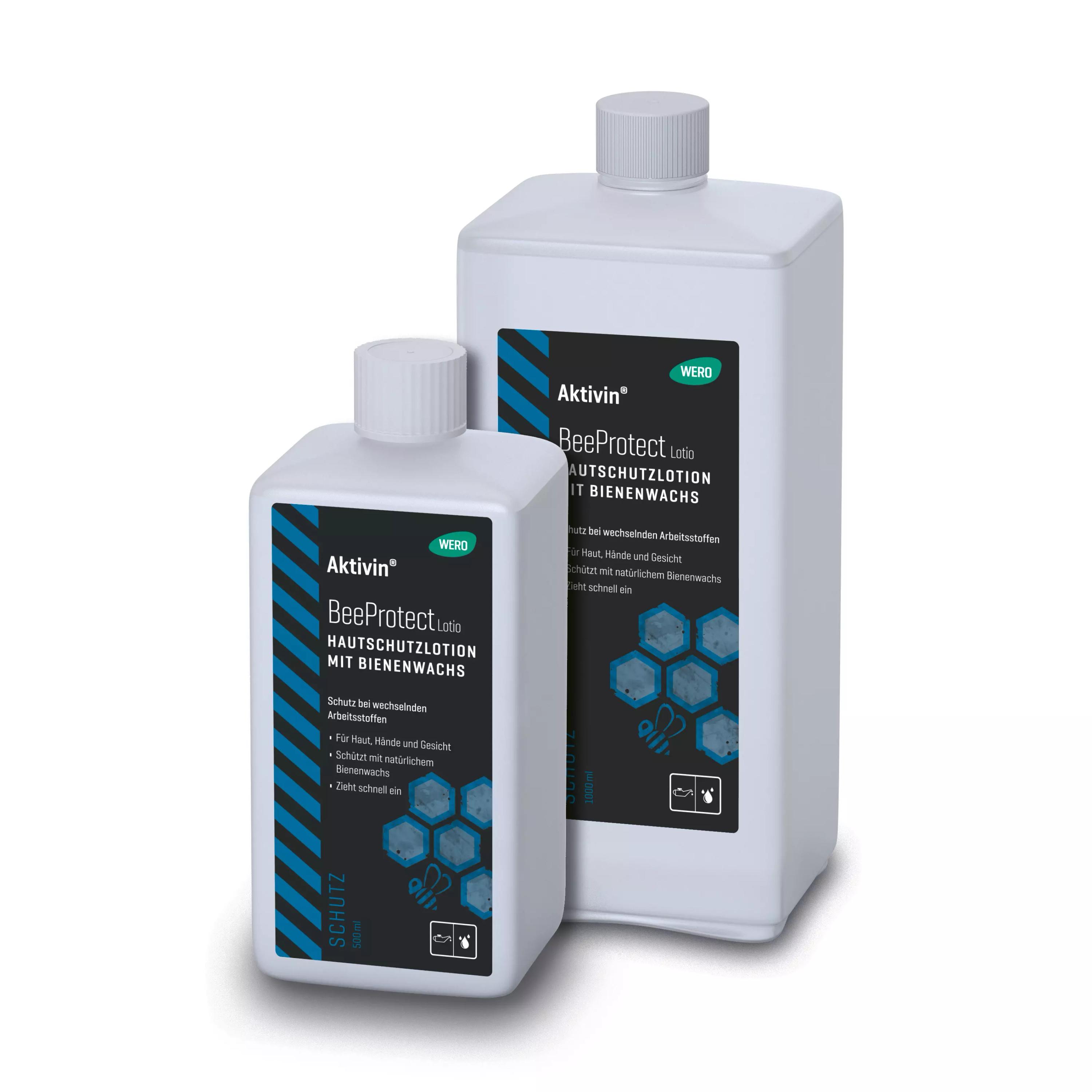 Zwei unterschiedlich große Flaschen Hautschutzlotion Aktivin® BeeProtect Lotio mit schwarzem Etikett und bienenförmigem Symbol stehen nebeneinander.