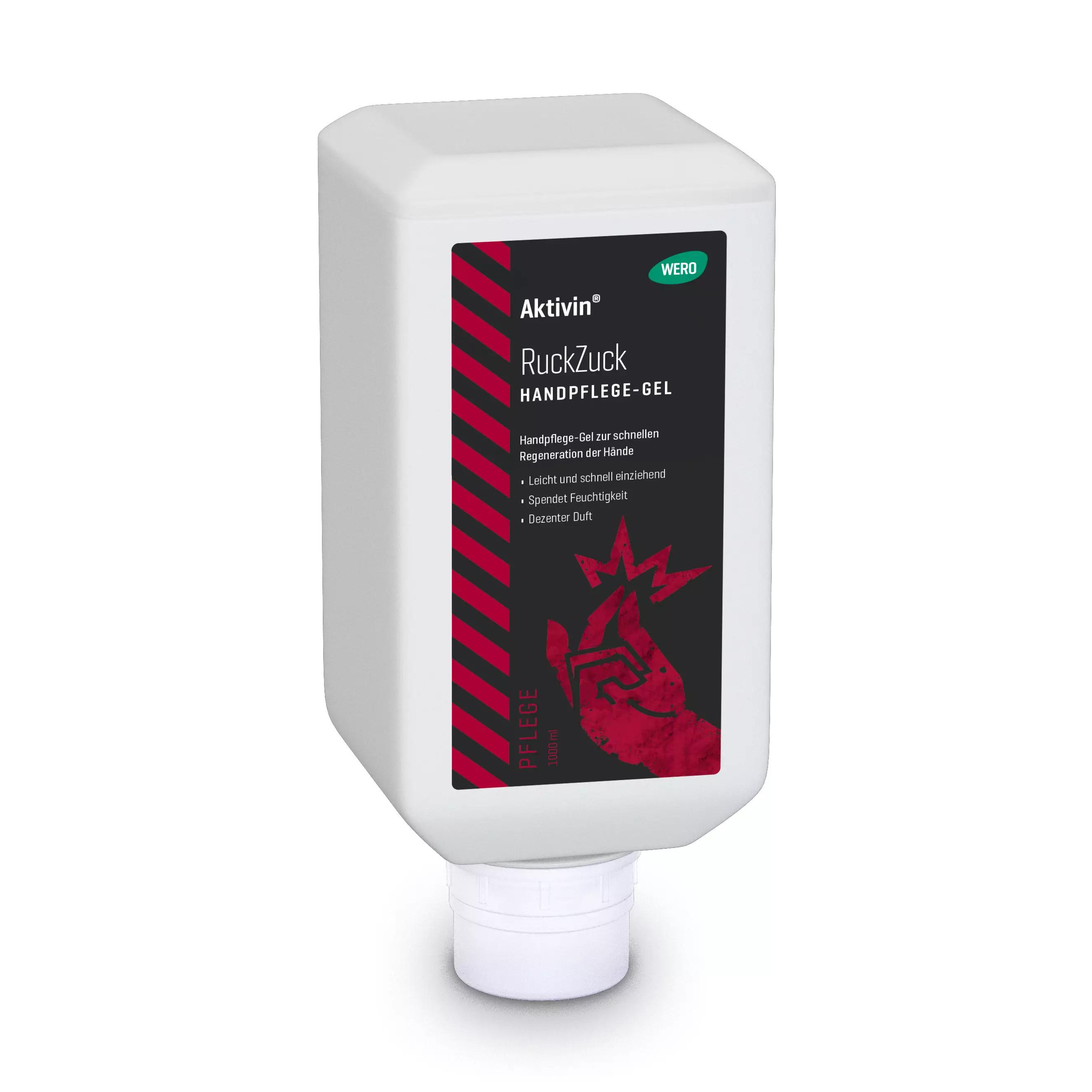 Weißes Plastikflasche mit schwarzer Etikett von Activin RuckZuck Handpflege-gel, 1000ml, mit rotem Handgrafik und Flip-Top-Verschluss.