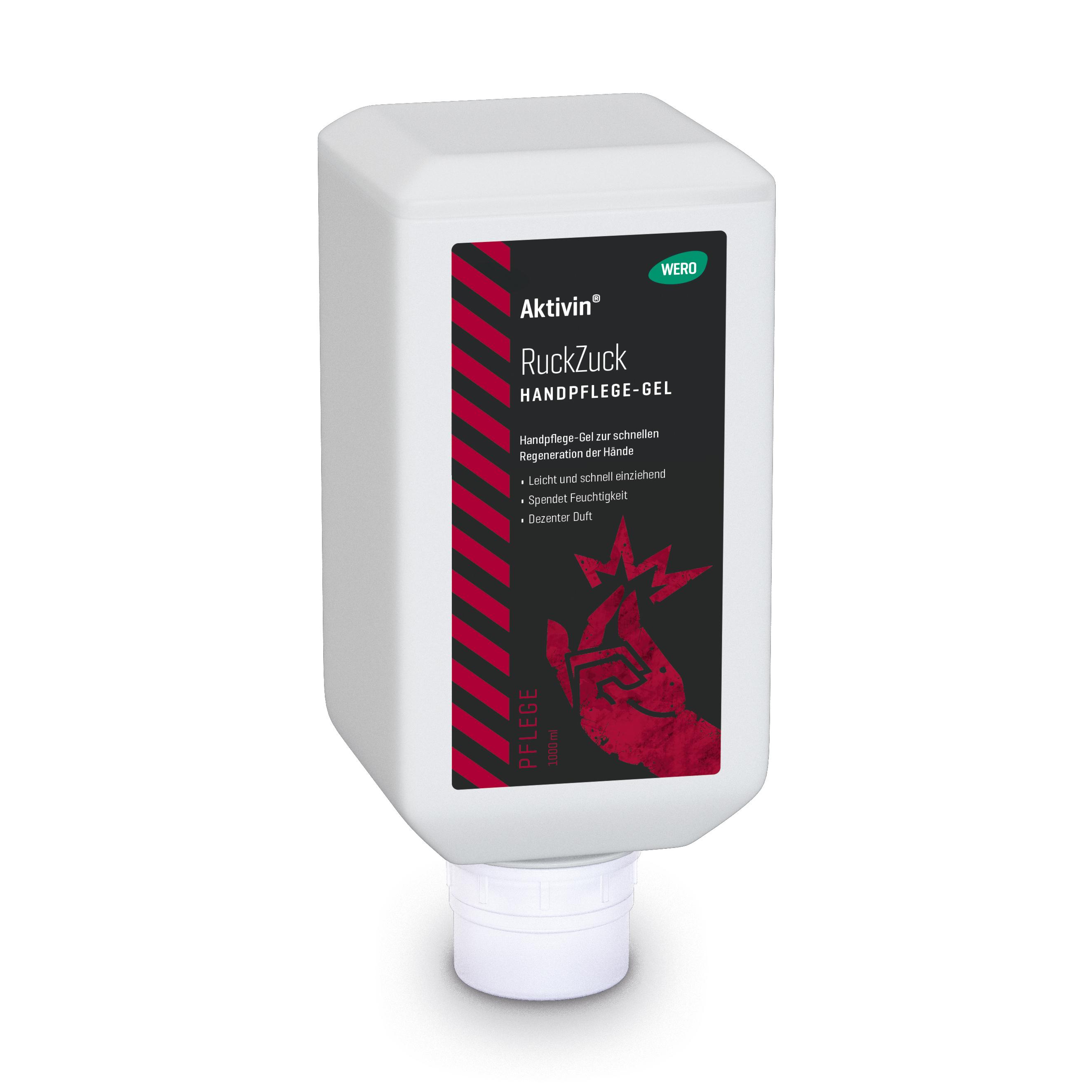 Weißes Plastikflasche mit schwarzer Etikett von Activin RuckZuck Handpflege-gel, 1000ml, mit rotem Handgrafik und Flip-Top-Verschluss.