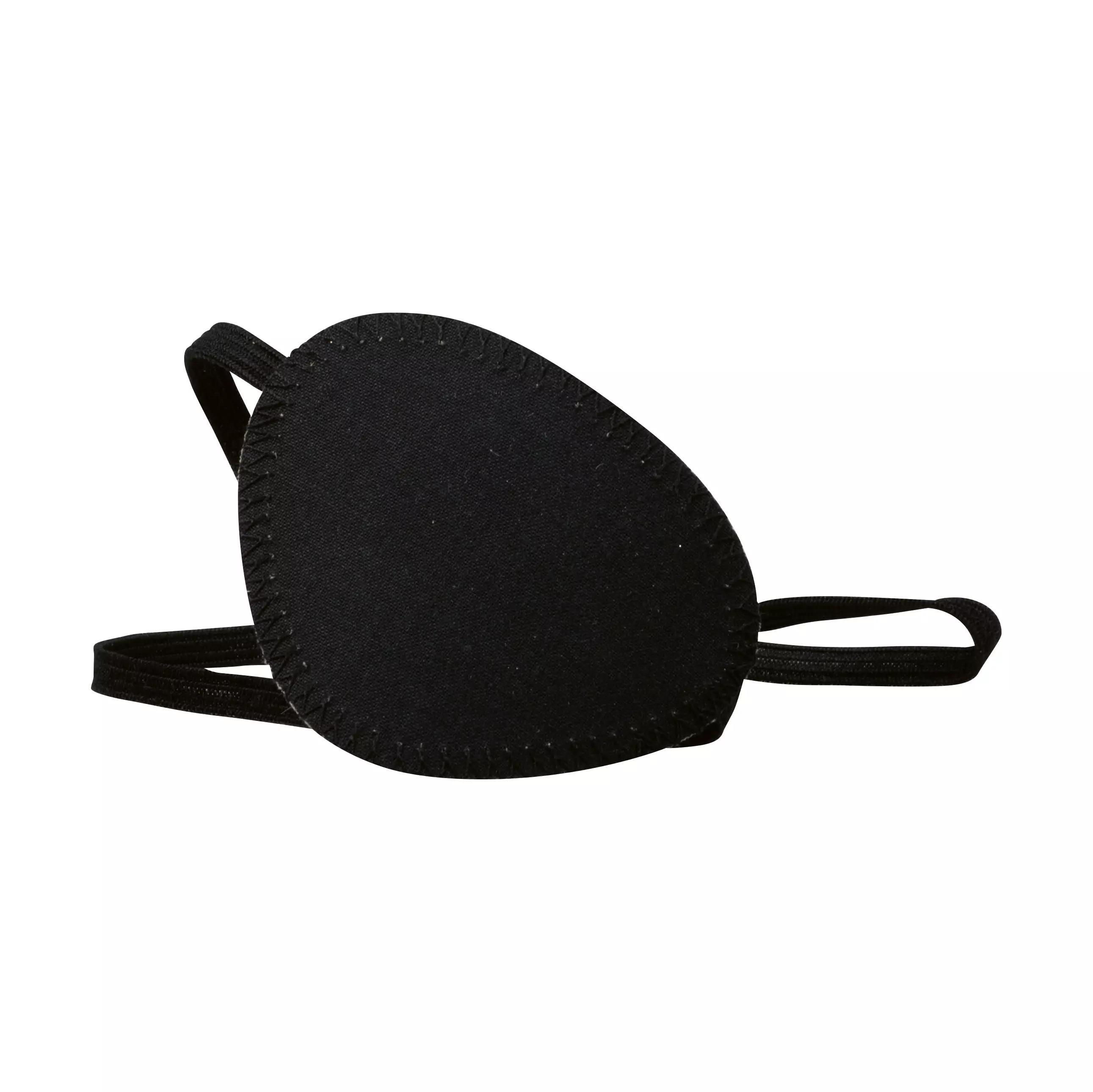 Schwarze, runde Augenklappe aus Baumwolle mit abgestepptem Rand und zwei elastischen Bändern zur individuellen Anpassung.