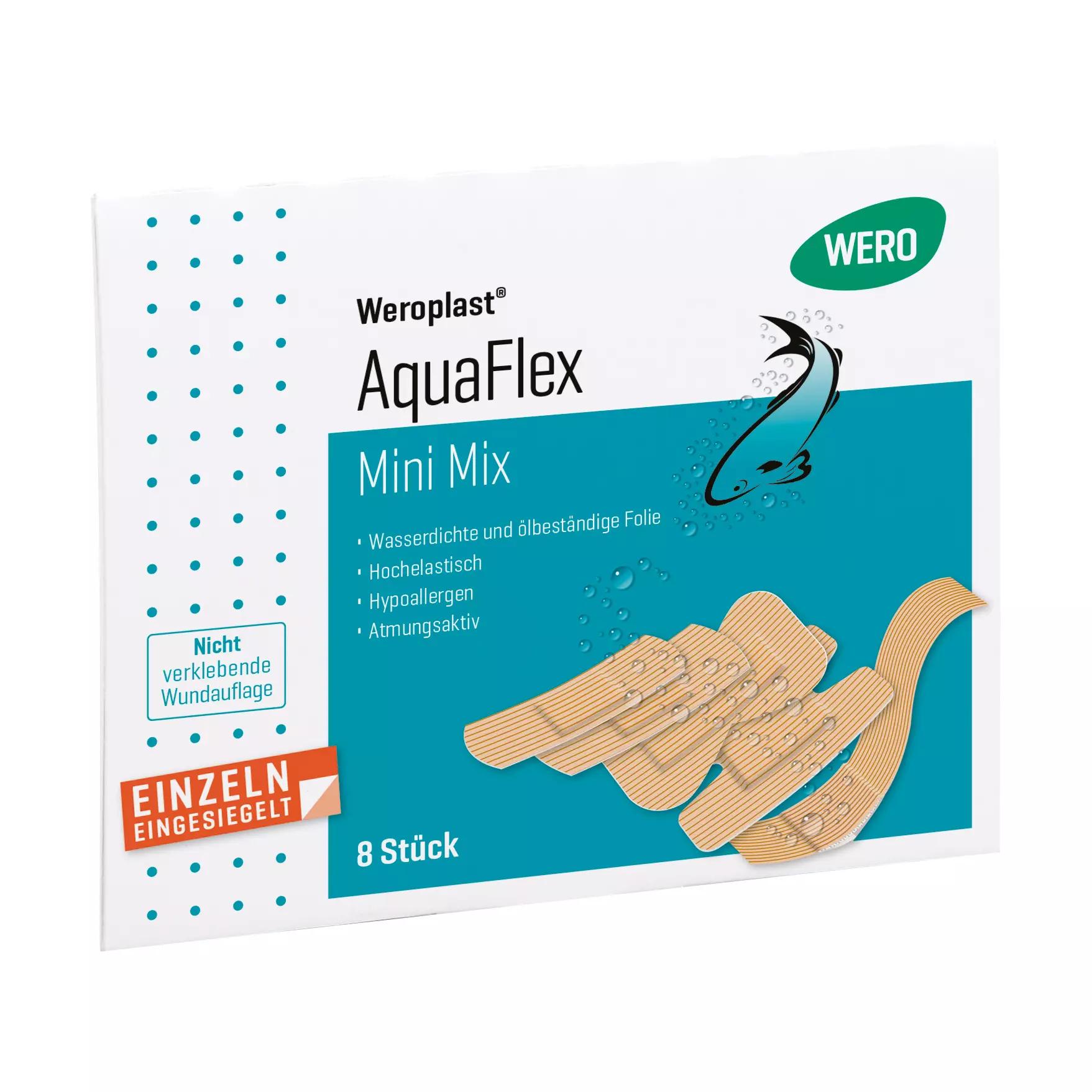 Die Verpackung des Weroplast® AquaFlex Pflaster - Mini Mix mit einer türkisfarbenen Fisch-Grafik zeigt acht beigen, wasserdichten und flexiblen Pflaster.
