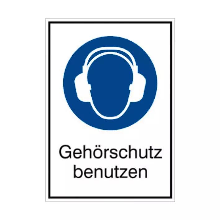 Ein rechteckiges Schild Gebotszeichen: Gehörschutz benutzen mit Text - PVC zeigt einen Kopf mit weißen Ohrenschützern im blauen Kreis und dem Text „Gehörschutz benutzen“.