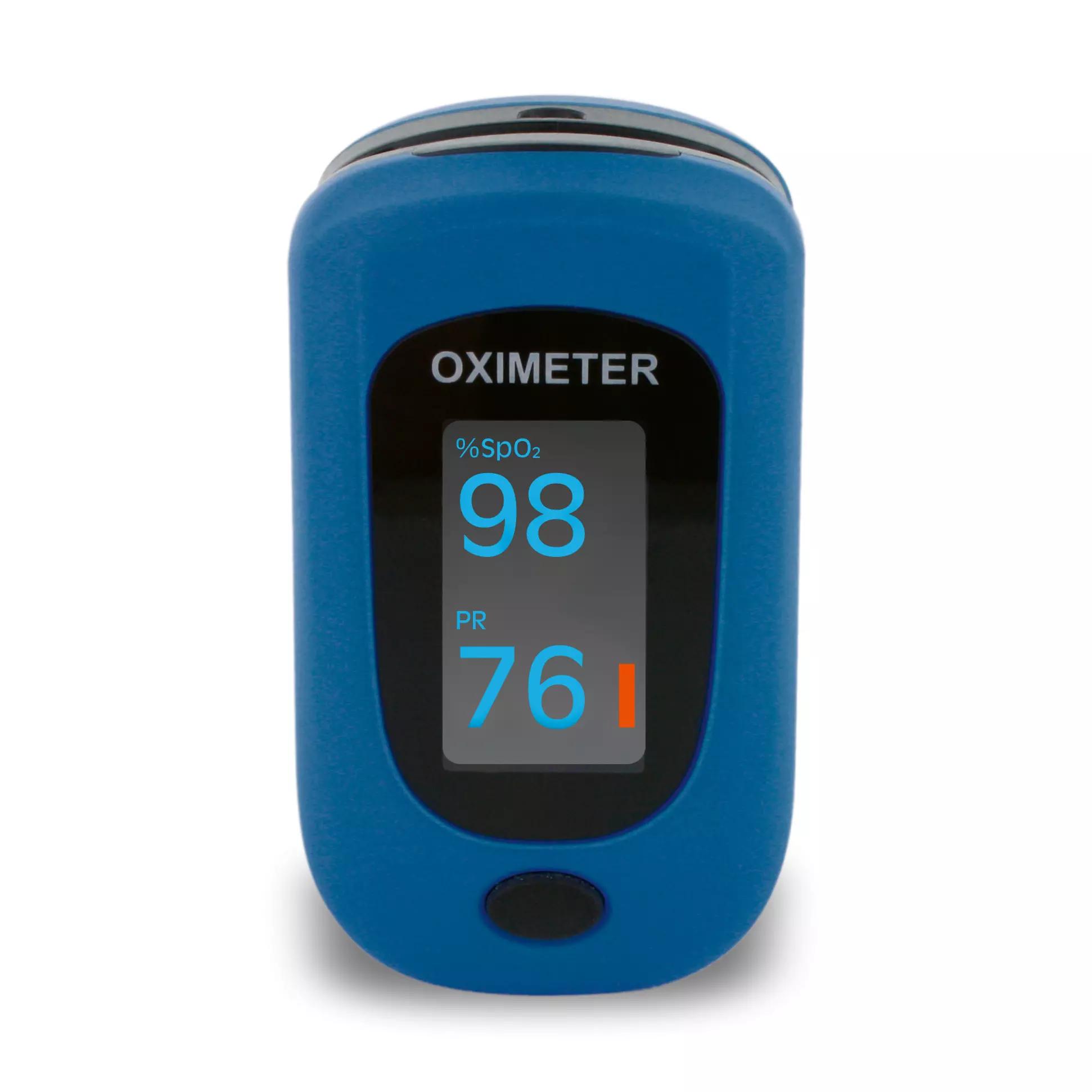 Ein Fingerpulsoximeter PC-60B STRONG mit digitalem Display zeigt 98 % Sauerstoffsättigung und 76 Puls, kompaktes, robustes Kunststoffgehäuse.
