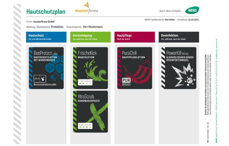Screenshot des Onlineshops „Hautschutzplan“ mit vier chemischen Produkten und Navigationsleiste für Arbeitsschutz