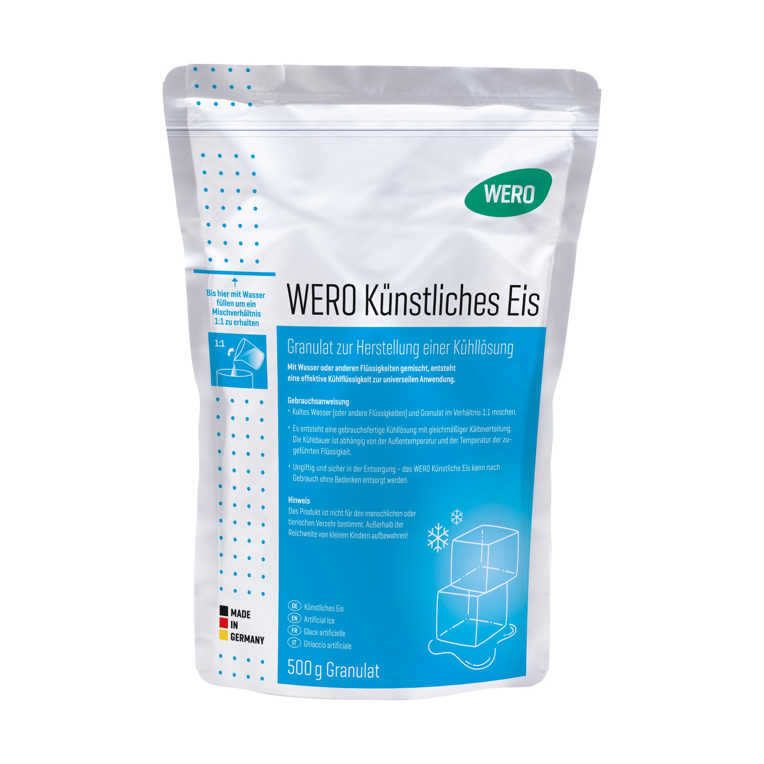 Eine 500g Packung WERO Künstliches Eis - Granulat zur Herstellung einer Kühllösung mit blauer Etikettierung und Anwendungssymbolen.
