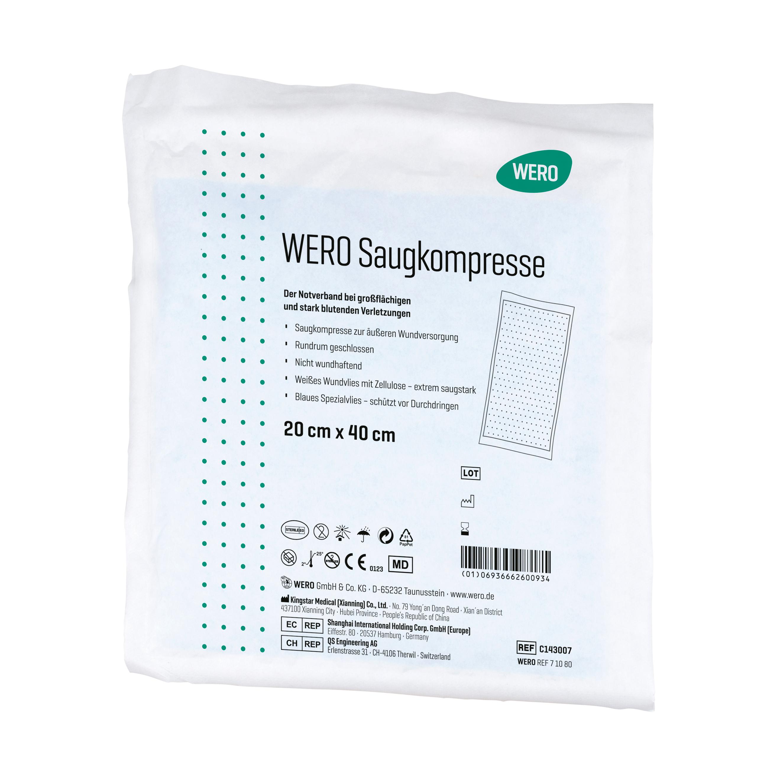 Ein stehendes Paket WERO Saugkompresse, steril, mit Hinweis auf extreme Saugfähigkeit und Anwendung bei stark blutenden Wunden.