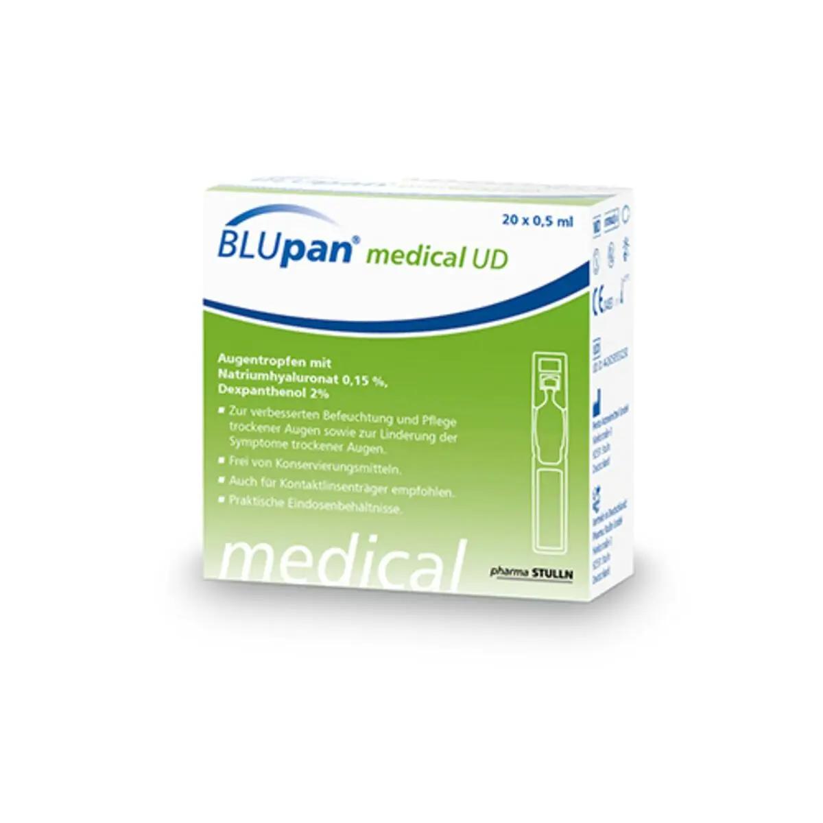 Schachtel BLUPAN medical UD 20 x 0,5 ml Augentropfen mit grüner und weißer Verpackung und pharma STULLN Logo