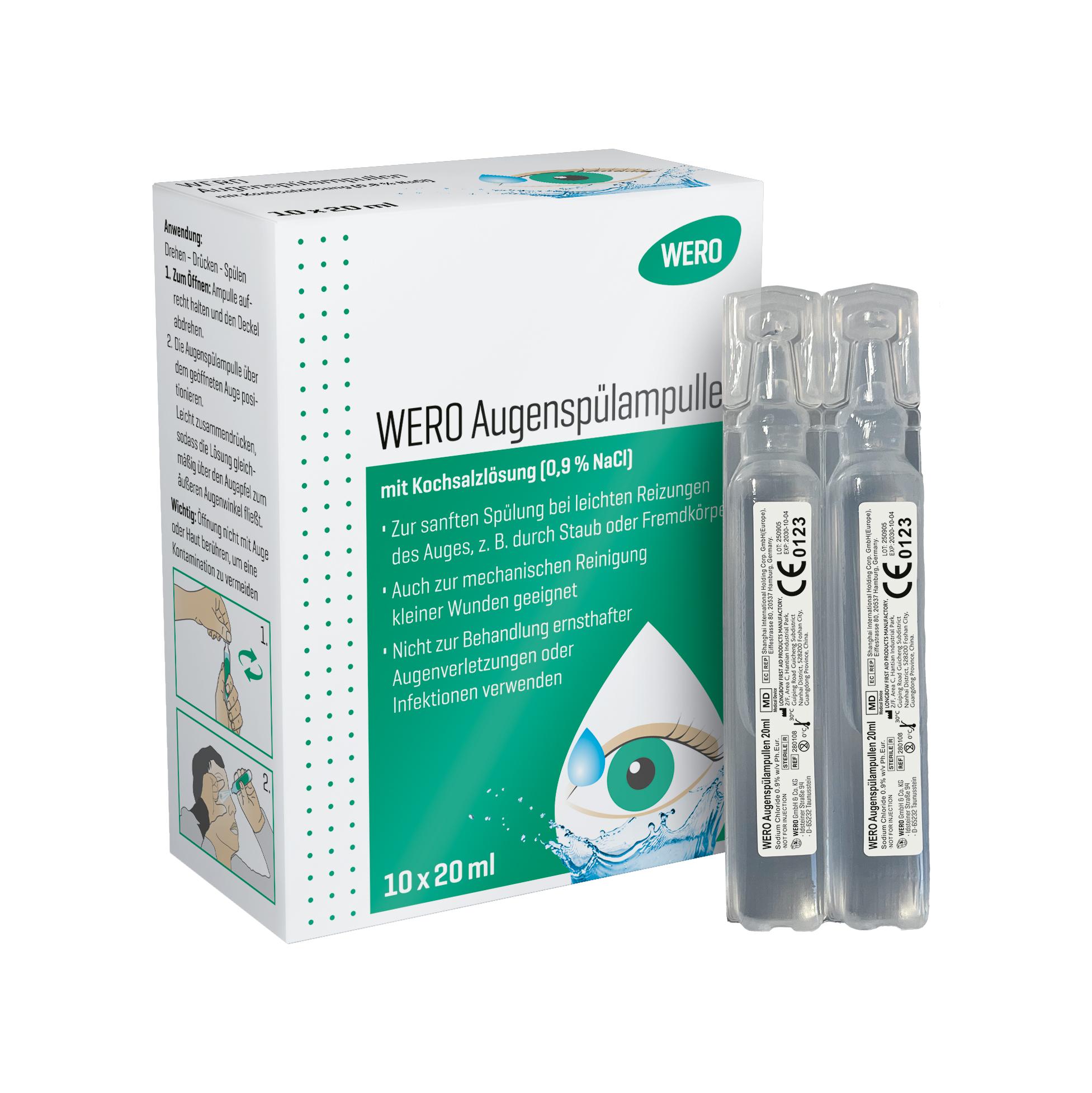 WERO Augenspülampullen, 10 x 20 ml, in weißer Box mit zwei transparenten Einzeldosisbehältern, geeignet zur Reinigung bei geringer Verschmutzung.