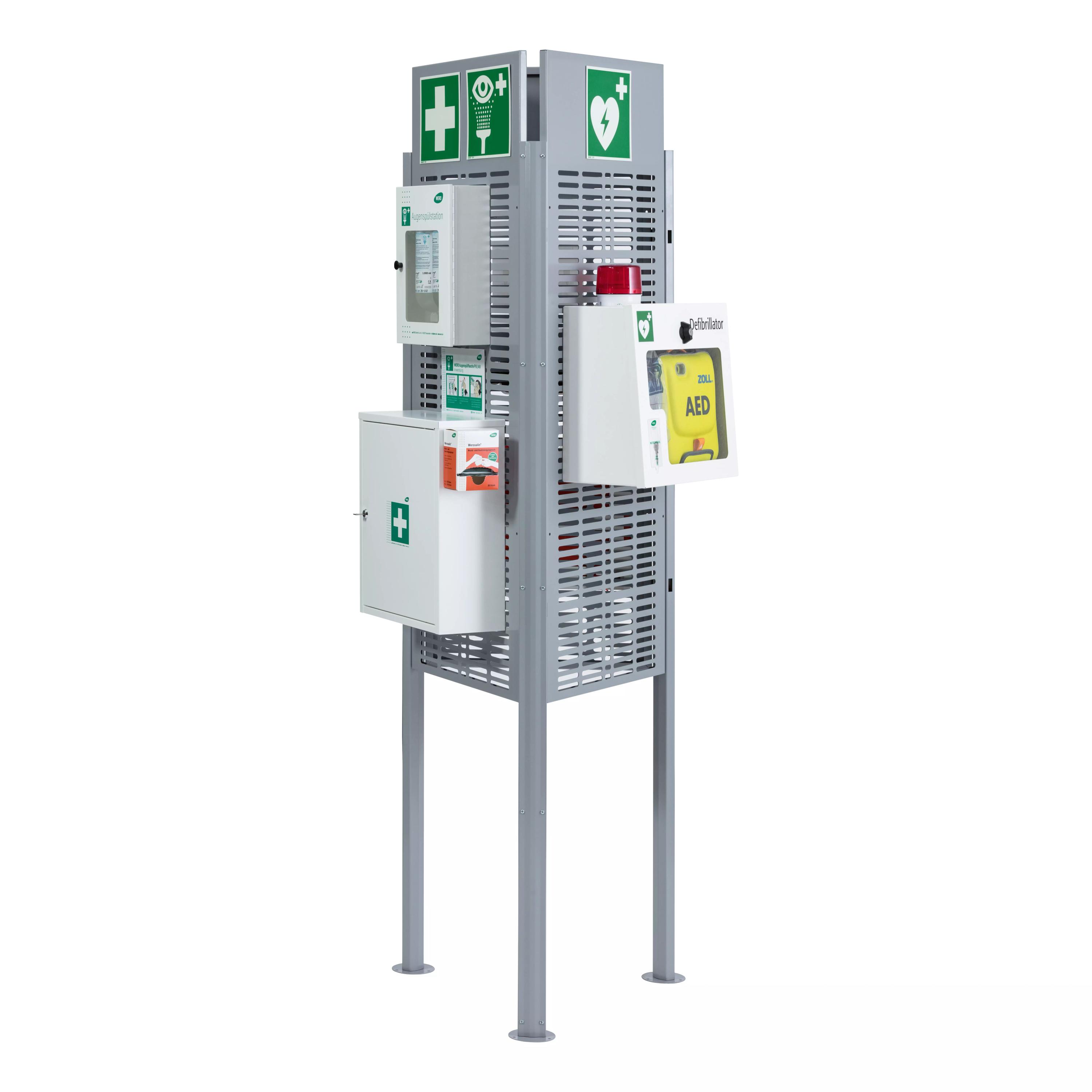 Metallene Weroflex® Station - 3-Seiten Komplett-Set mit vier Fächern, zwei geöffneten Oberfächern samt grünem Kreuz und AED-Gerät, perforiertem Frontfeld.