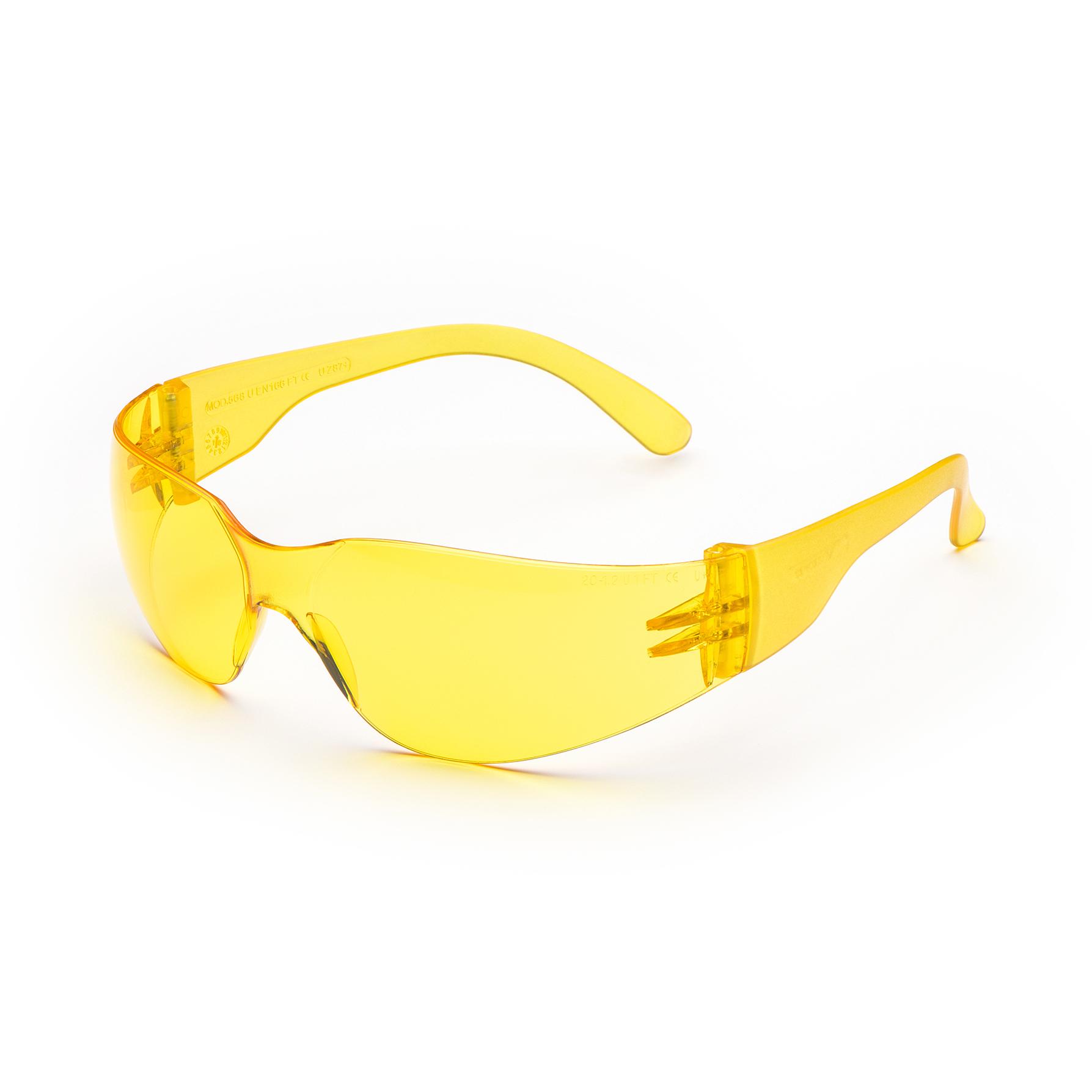 Arbeitsschutzbrille Ligero Up - Gelb mit rahmenlosem Design, gelber reflektierender Scheibe und strukturierten Bügeln für sicheren Sitz.