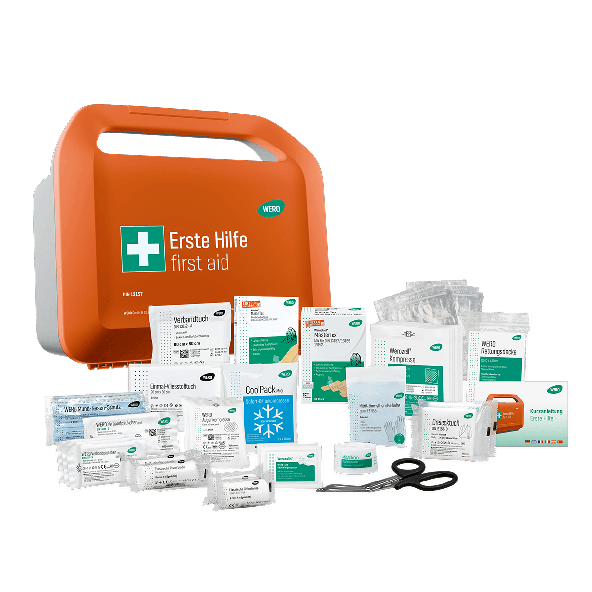 Ein WERO Smart Case® klein - Erste-Hilfe-Koffer DIN 13157 mit umfangreichem Inhalt, Bandagen, Schere und Weroplast® MasterTex Pflastern.