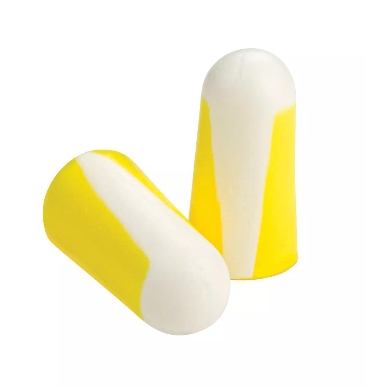 Zwei gelb-weiße zylindrische Ohrstöpsel.