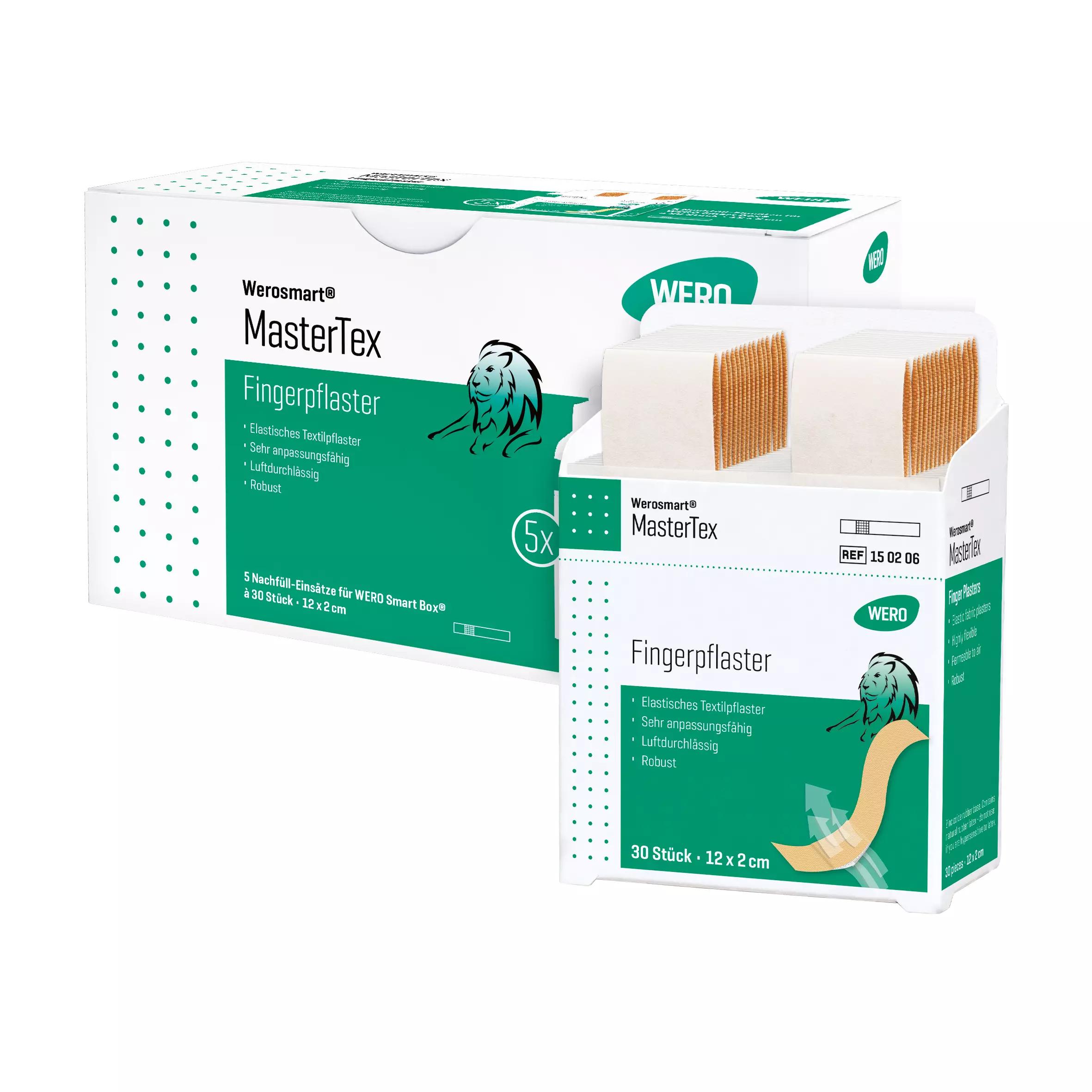 Zwei grüne Schachteln Werosmart® MasterTex Pflasterspender-Einsätze Fingerpflaster mit sichtbaren Piktogrammen und 12 cm langen, cremefarbenen Pflasterstreifen.