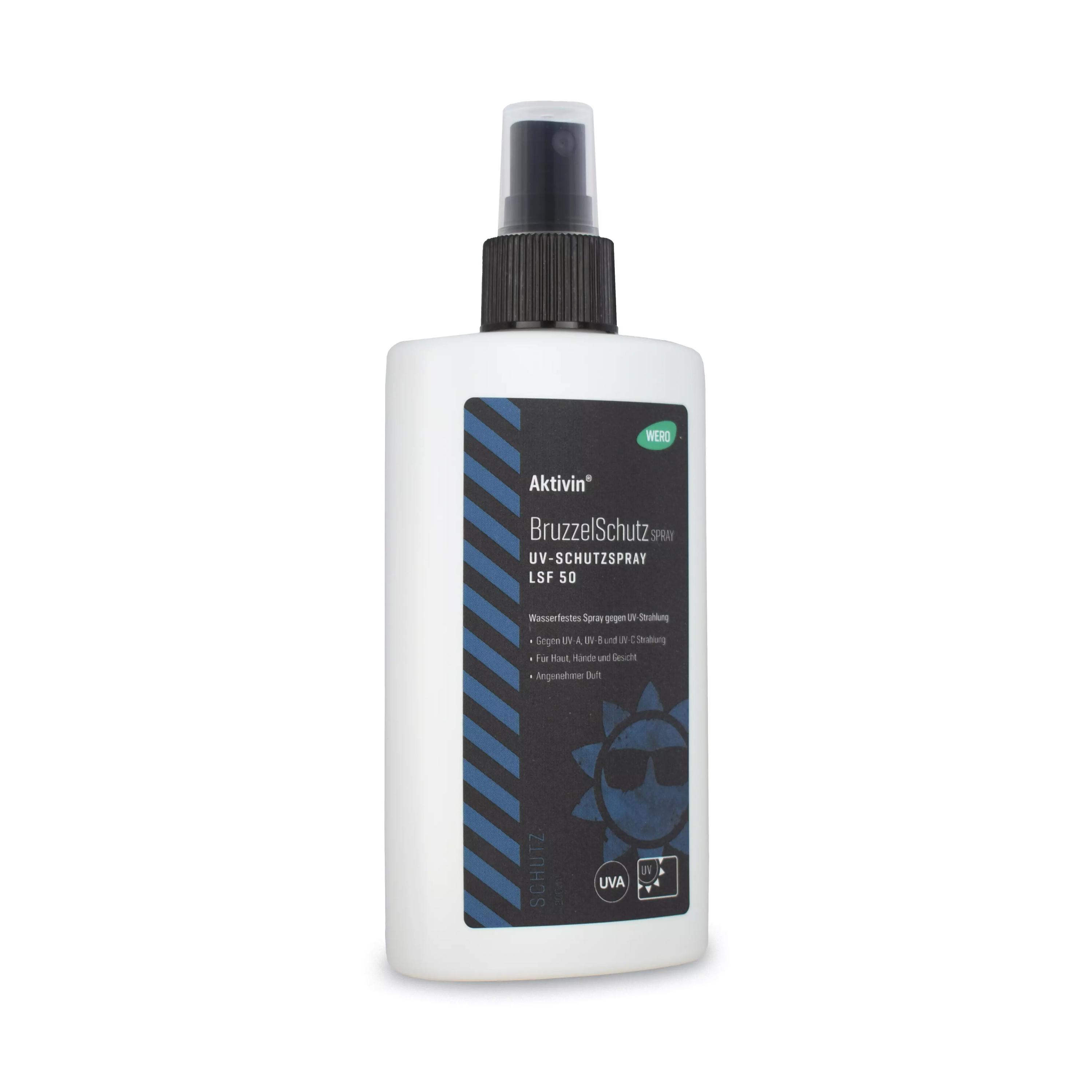 Weiße Sprayflasche Aktivin® BruzzelSchutz UV-Schutzspray mit schwarzem Sprühkopf, grün-schwarzem Etikett und LSF 50, 200 ml, UVA- und UVB-Schutz.