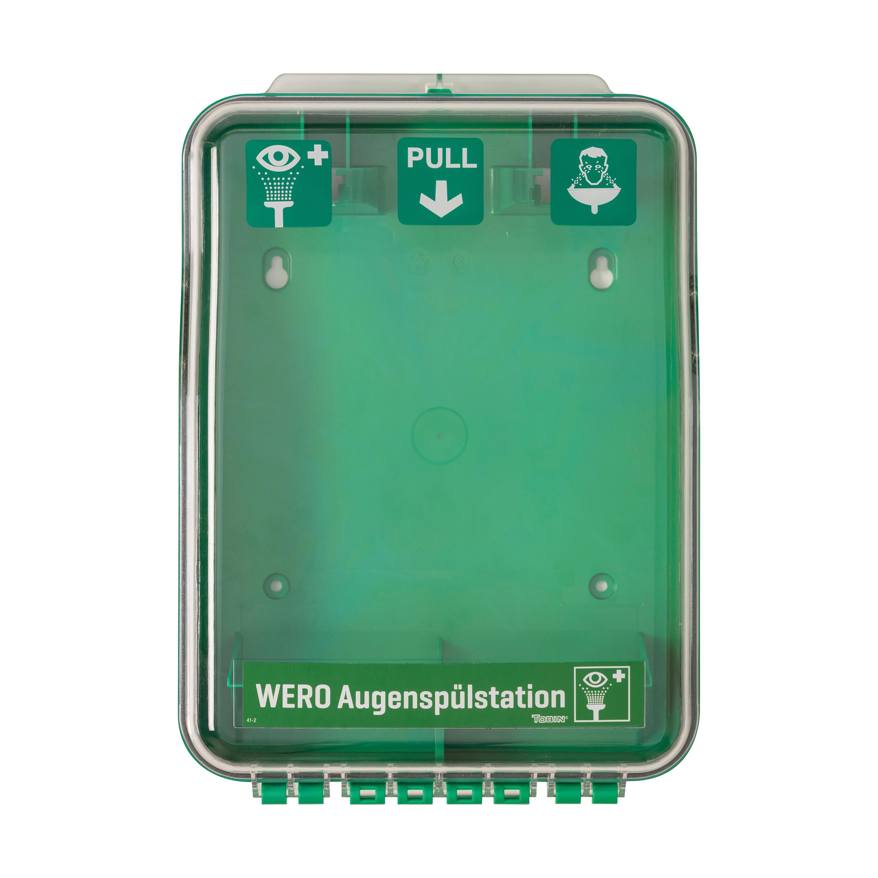 Grüne WERO Augenspülstation mit vier Funktionstasten, durchsichtigem Schutzgehäuse und seitlichen Befestigungsmöglichkeiten.