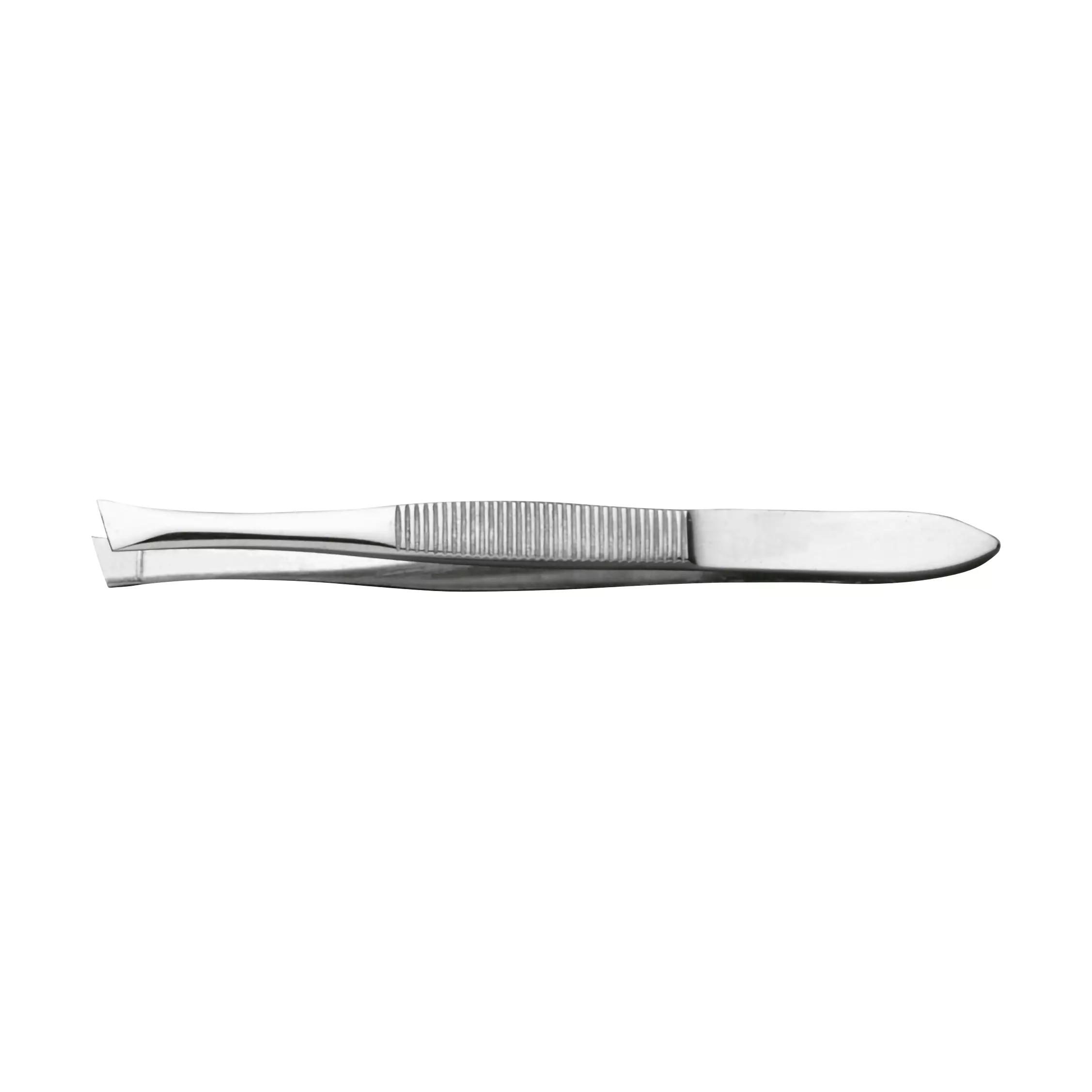 Haarpinzette, schräg mit zulaufender Spitze und angewinkeltem Griff aus silberfarbenem Metall, zeigt charakteristische schräge Form.