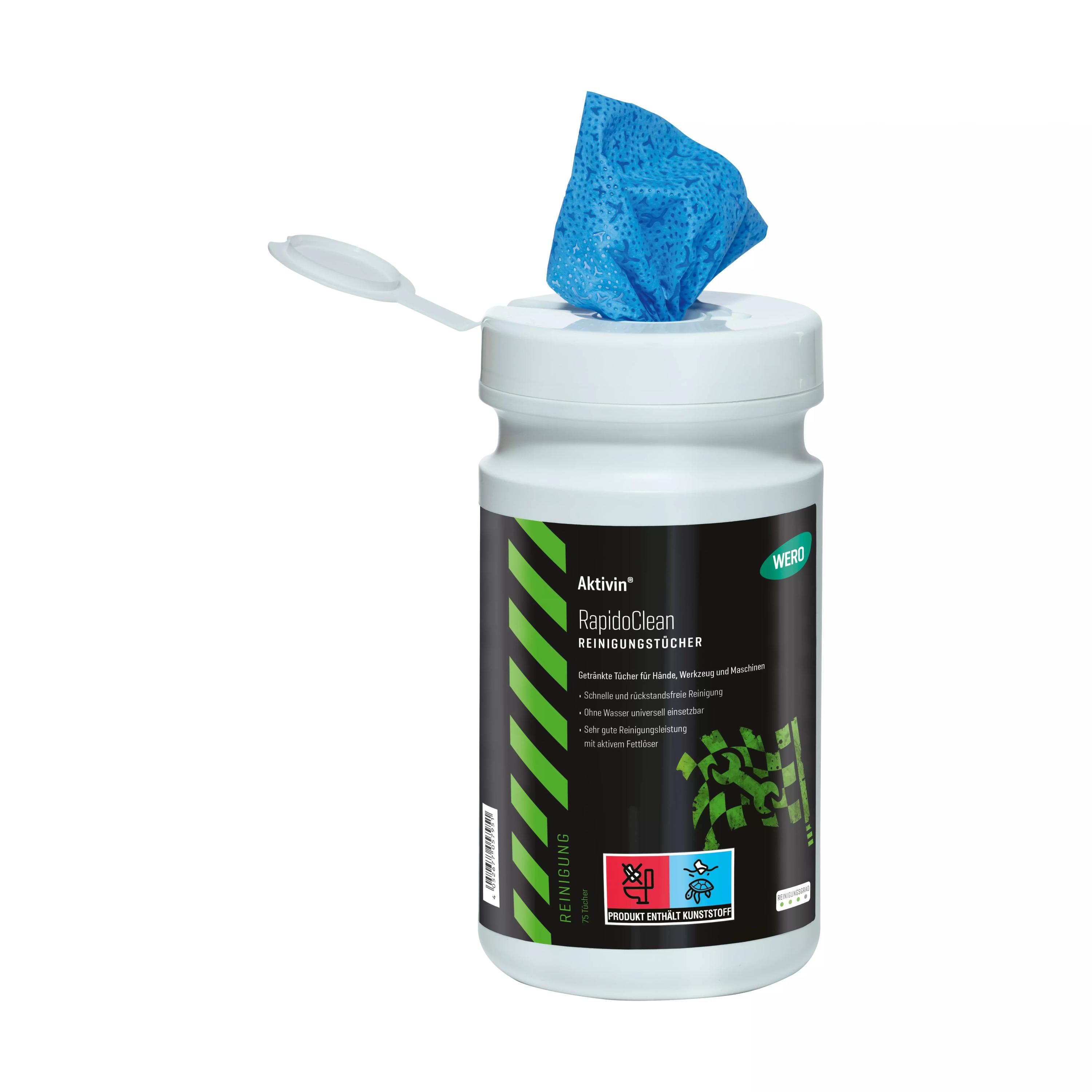 Weiße Kunststoffflasche Reinigungstücher Aktivin® RapidoClean mit blauem Schwammdosierdeckel, etikettiert für fett- und öllösende, schnelltrocknende Reinigung.