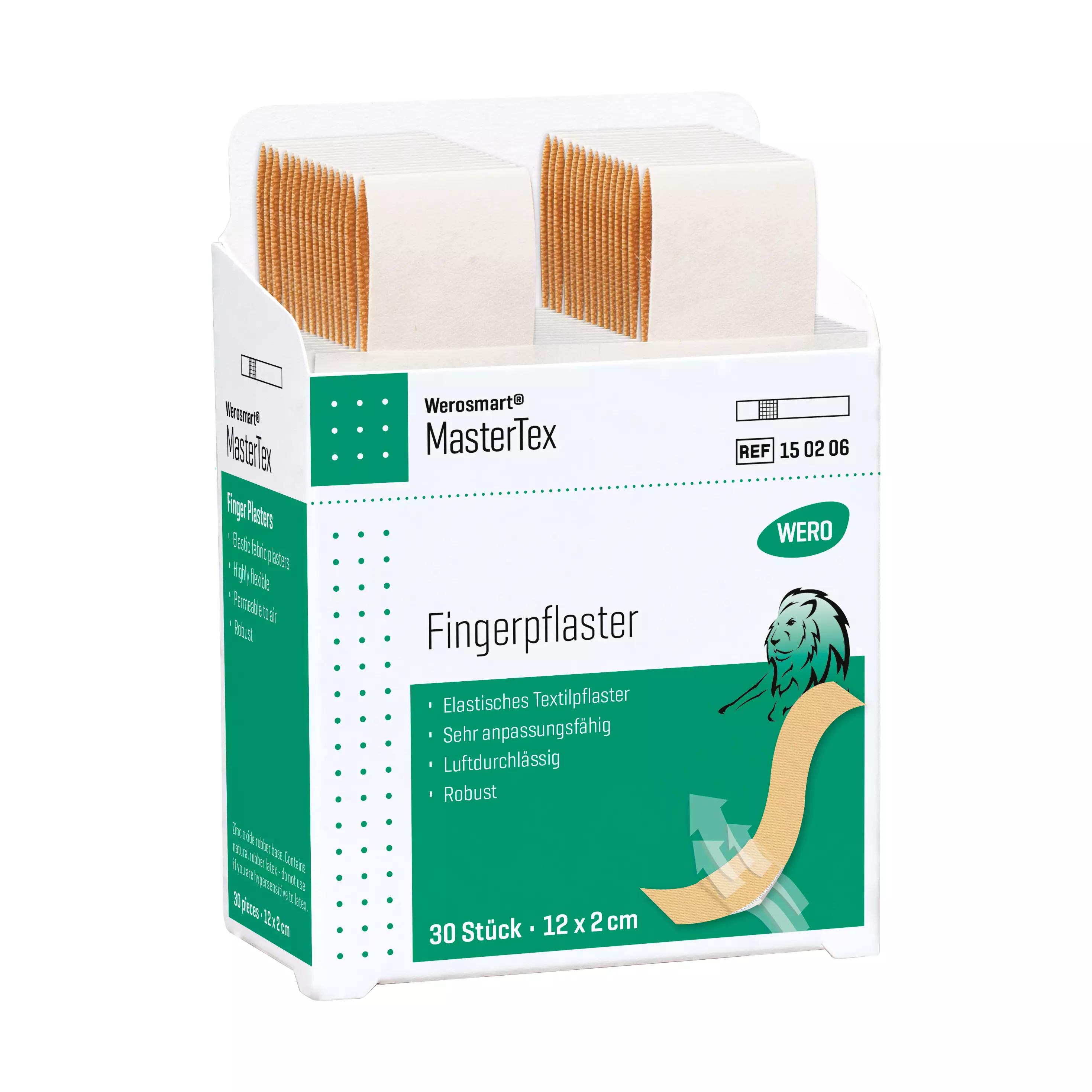 Der Werosmart® MasterTex Pflasterspender-Einsatz Fingerpflaster mit farbiger Markierung zeigt mehrere hautfarbene Fingerpflaster gestapelt in einer weißen Box.
