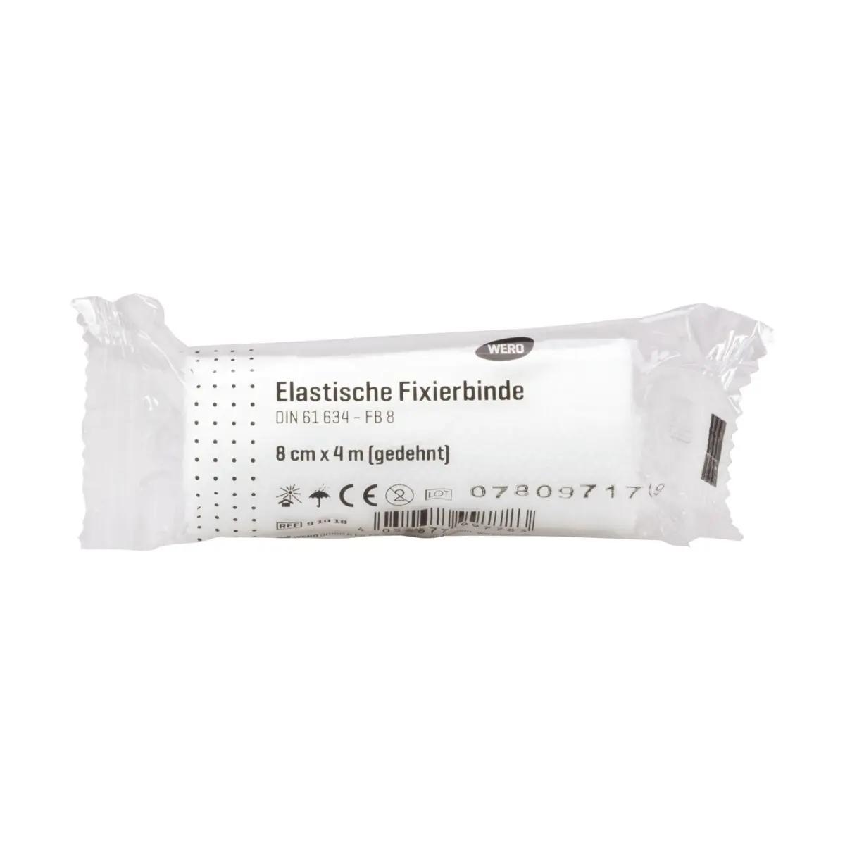 Eine einzelne Mullbinde Elastische Fixierbinde DIN 61634 - 8 cm, weich, dehnbar und atmungsaktiv, liegt steril gerollt in einer weiß-schwarzen Verpackung.