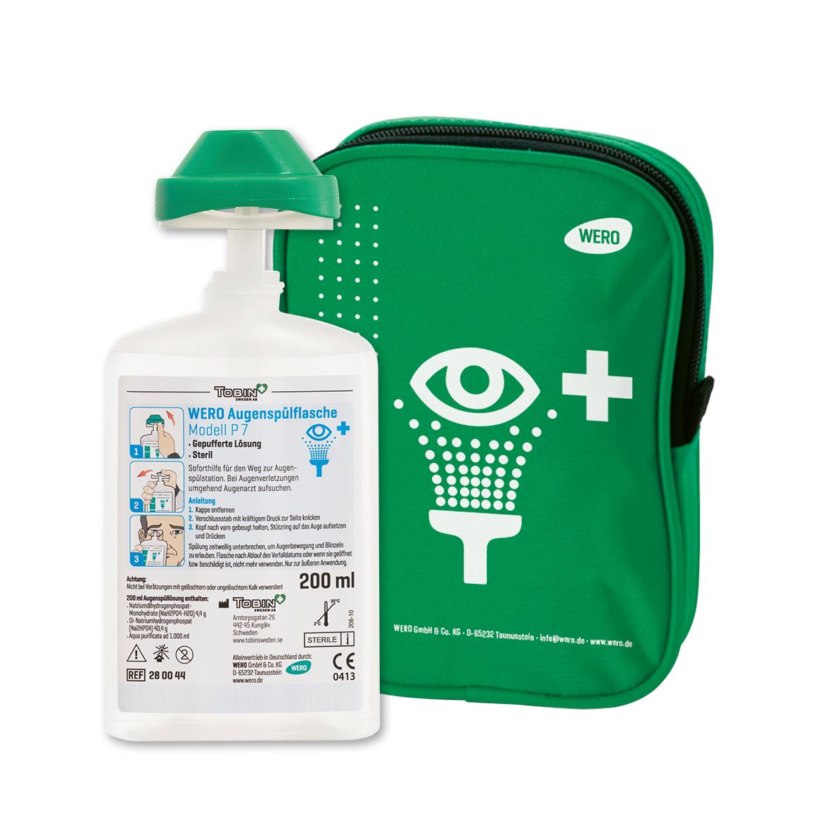 Eine WERO Augenspülflasche Modell P 7 mit grünem Koffer und Gürteltasche, 200 ml, gepufferte, sterile Lösung, beide mit Augensymbol-Logo.
