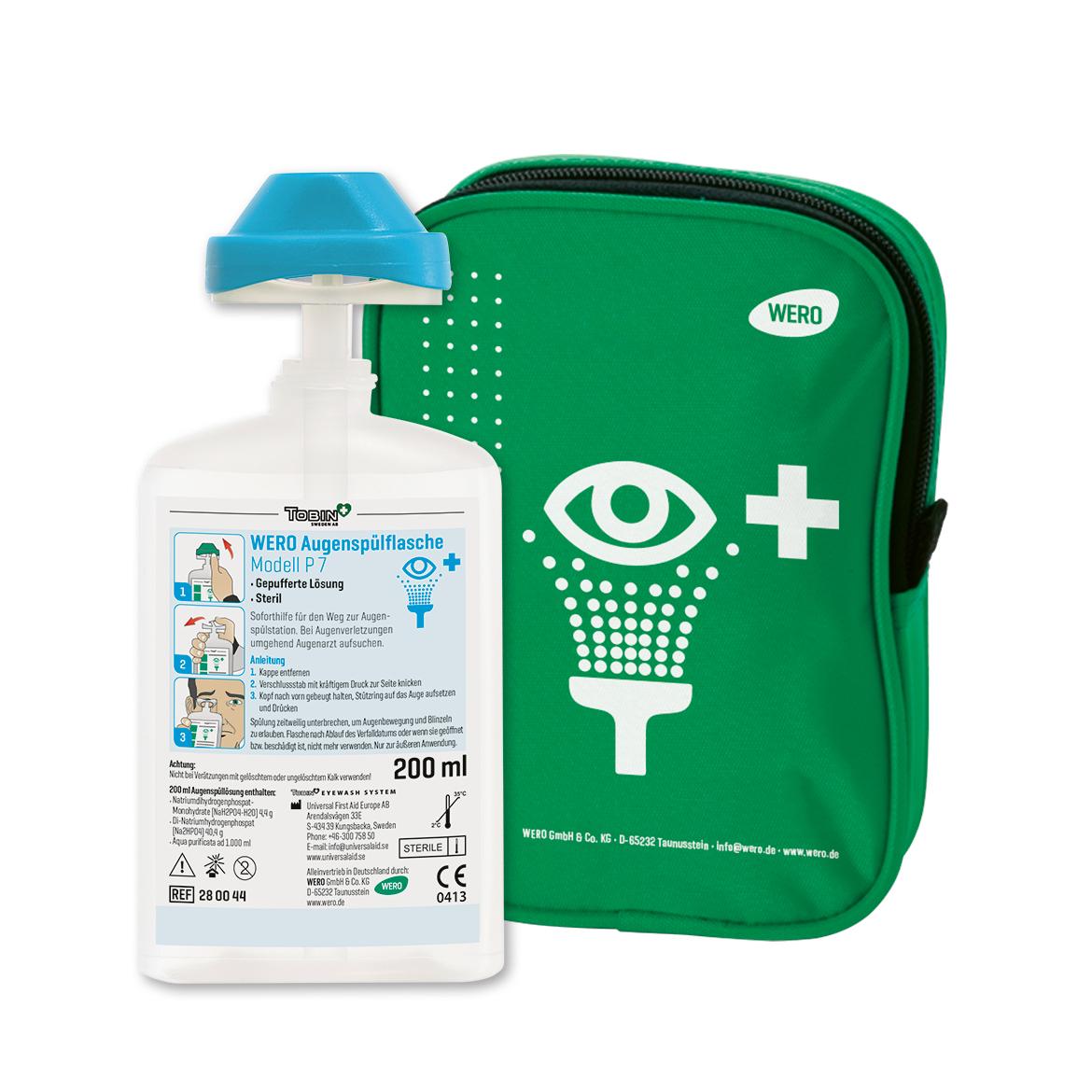 Eine WERO Augenspülflasche Modell P 7 mit grünem Koffer und Gürteltasche, 200 ml, gepufferte, sterile Lösung, beide mit Augensymbol-Logo.