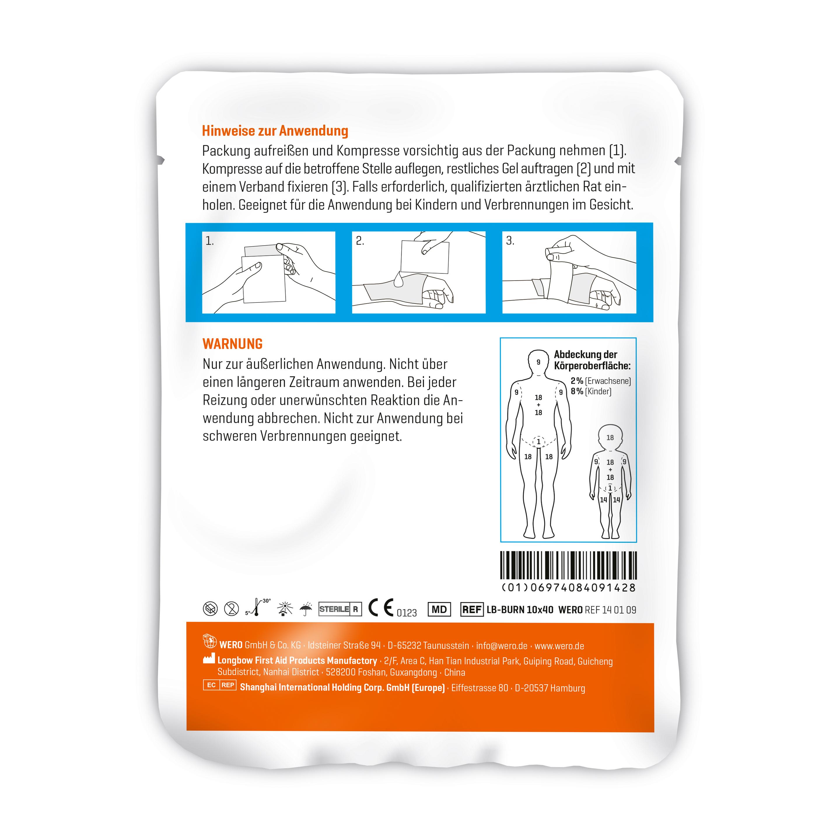 Die Rückseite der Verpackung von WERO BurnAway® Verbrennungskompresse 10 x 40 cm mit Anwendungshinweisen und bebilderter Anleitung.