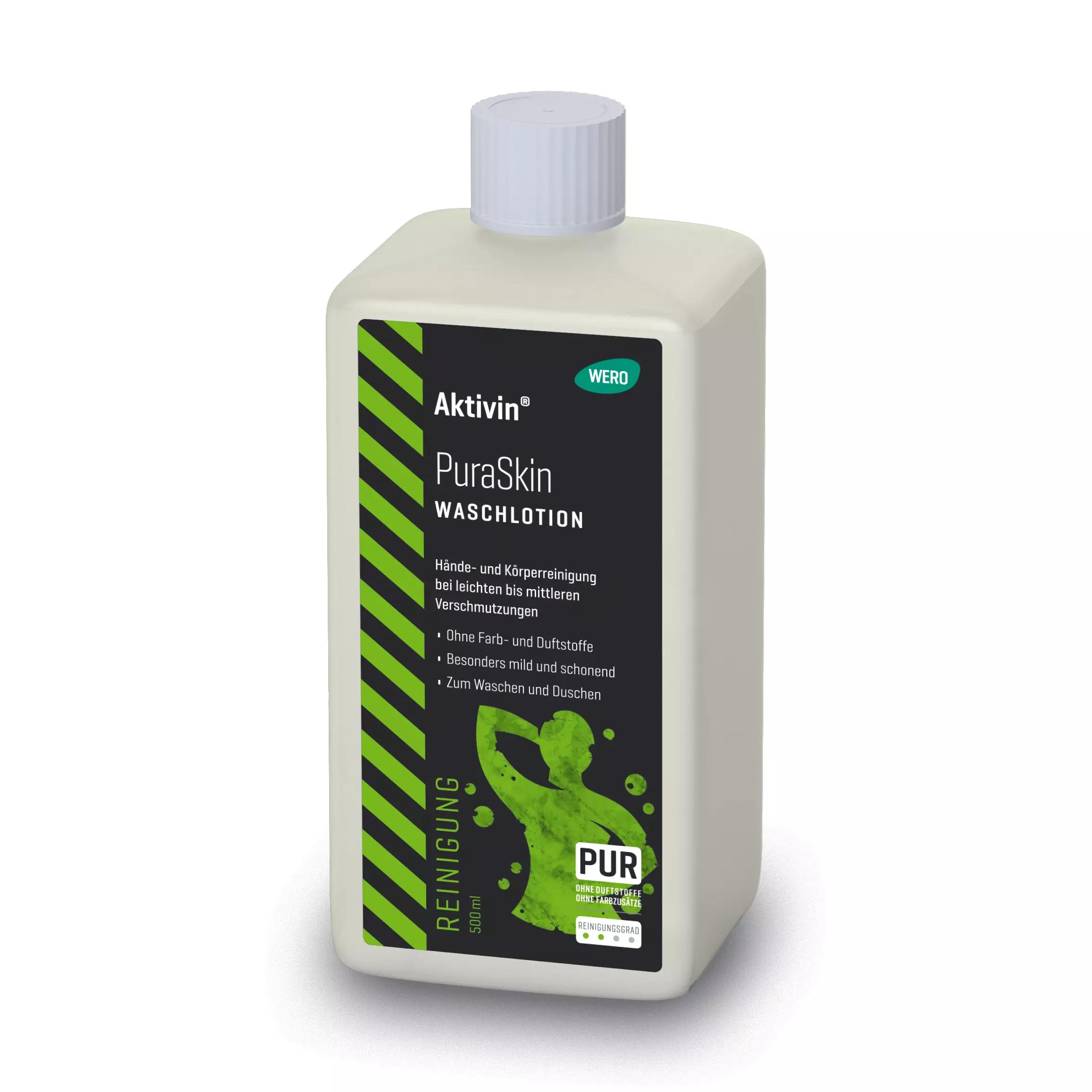 Eine 500 ml Waschlotion Aktivin® PuraSkin Euroflasche steht mit grün-weißer Etikettierung und weißem Klappverschluss aufrecht.
