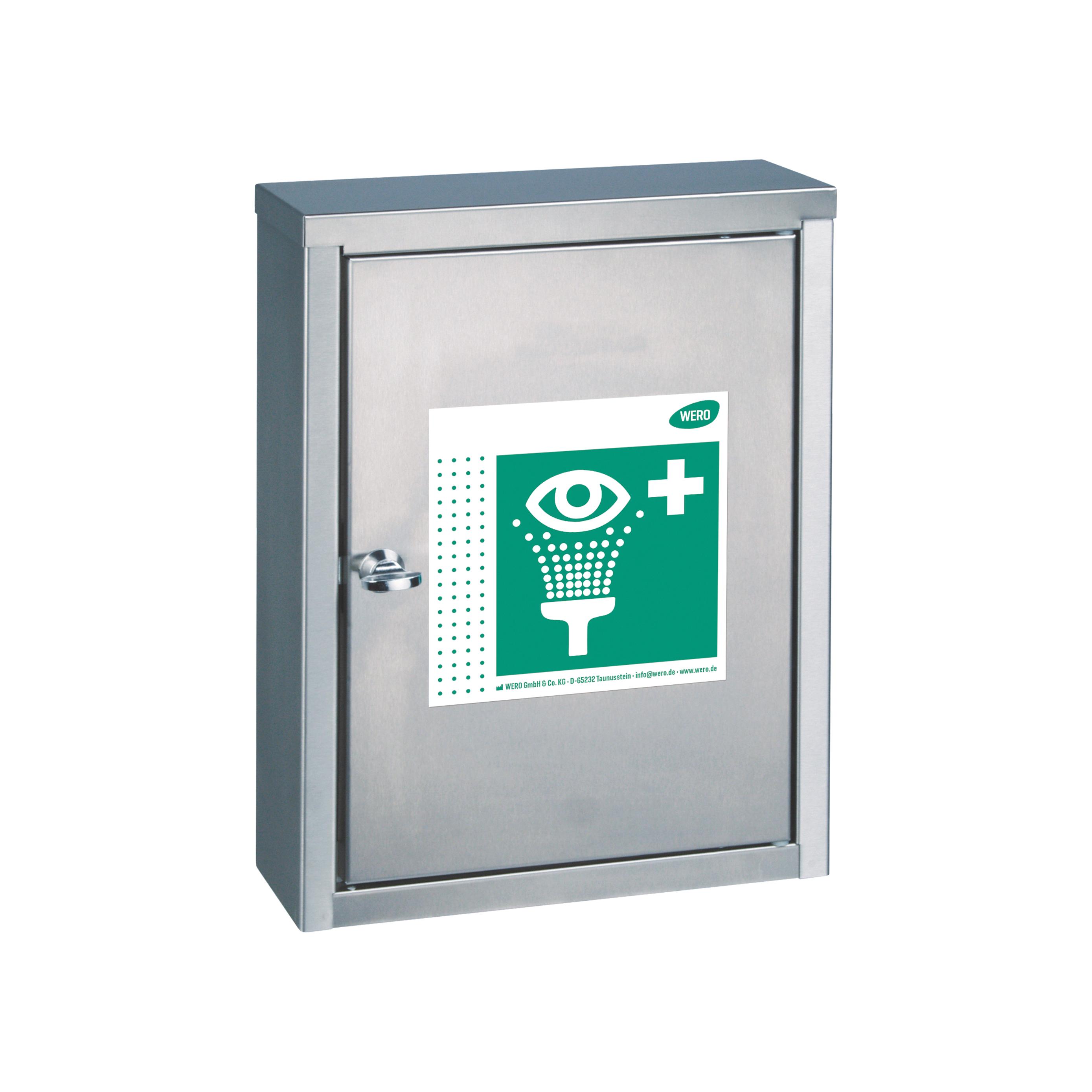 WERO Augenspülstation mit 2 Augenspülflaschen P 8 aus Edelstahl V4A in silbernem Metallschrank mit grün-weißem Erste-Hilfe-Symbol auf der Tür.